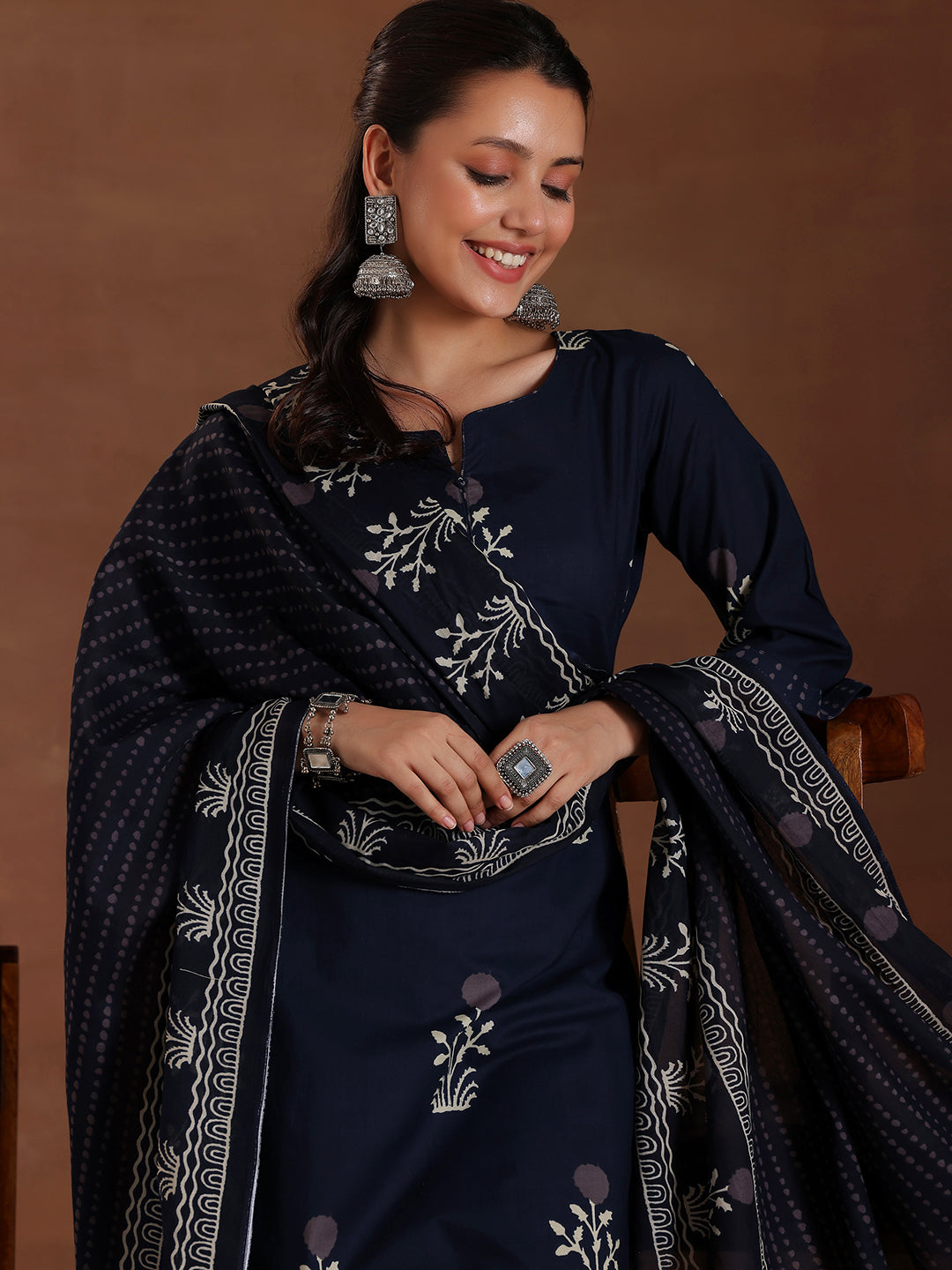 Blue Printed Cotton Straight Suit With Dupatta