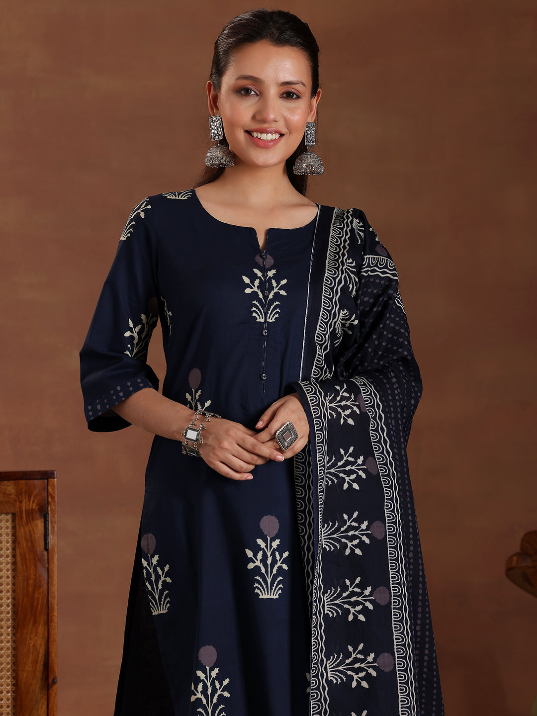 Blue Printed Cotton Straight Suit With Dupatta