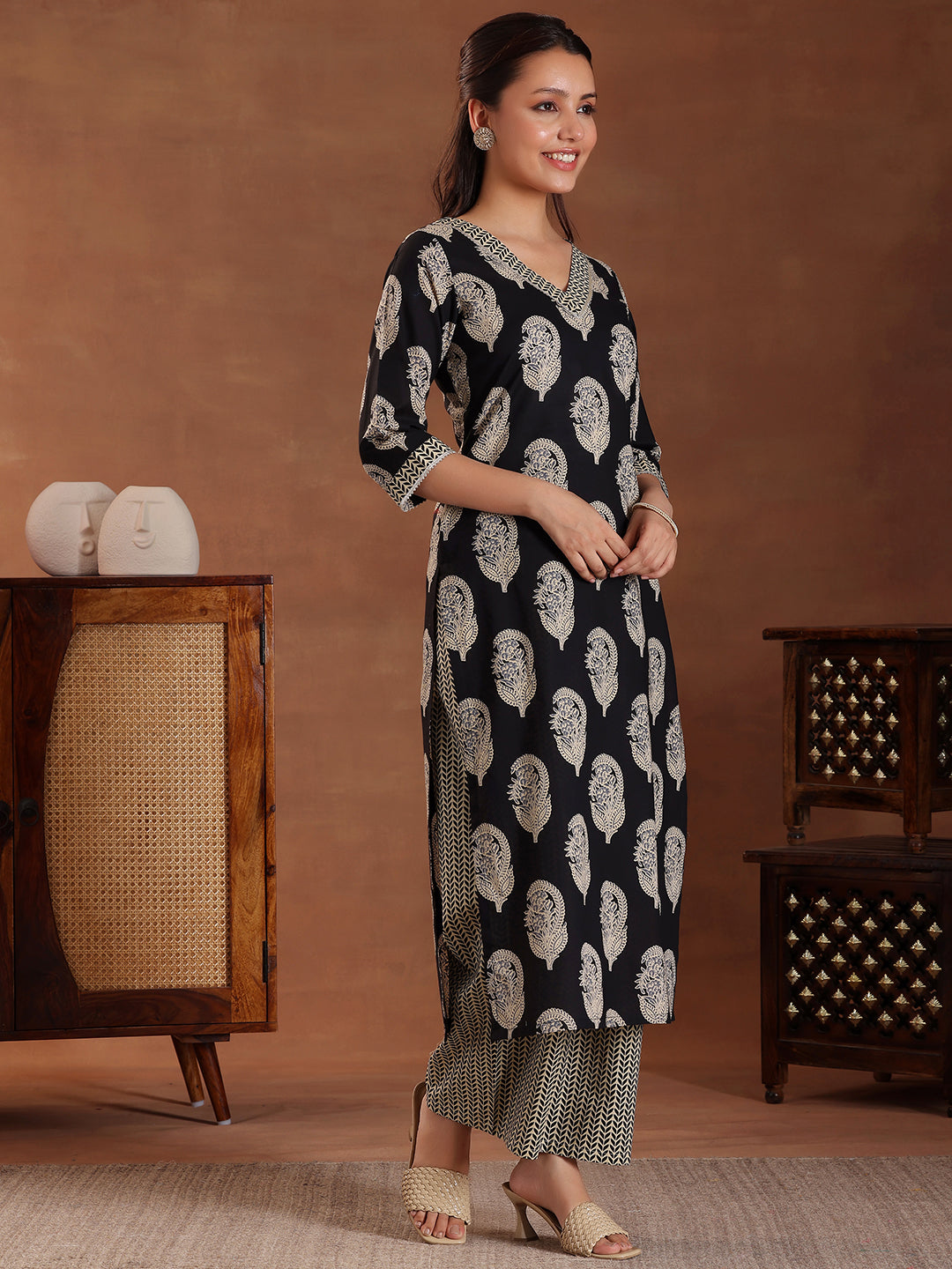 Black Printed Cotton Straight Suit With Dupatta