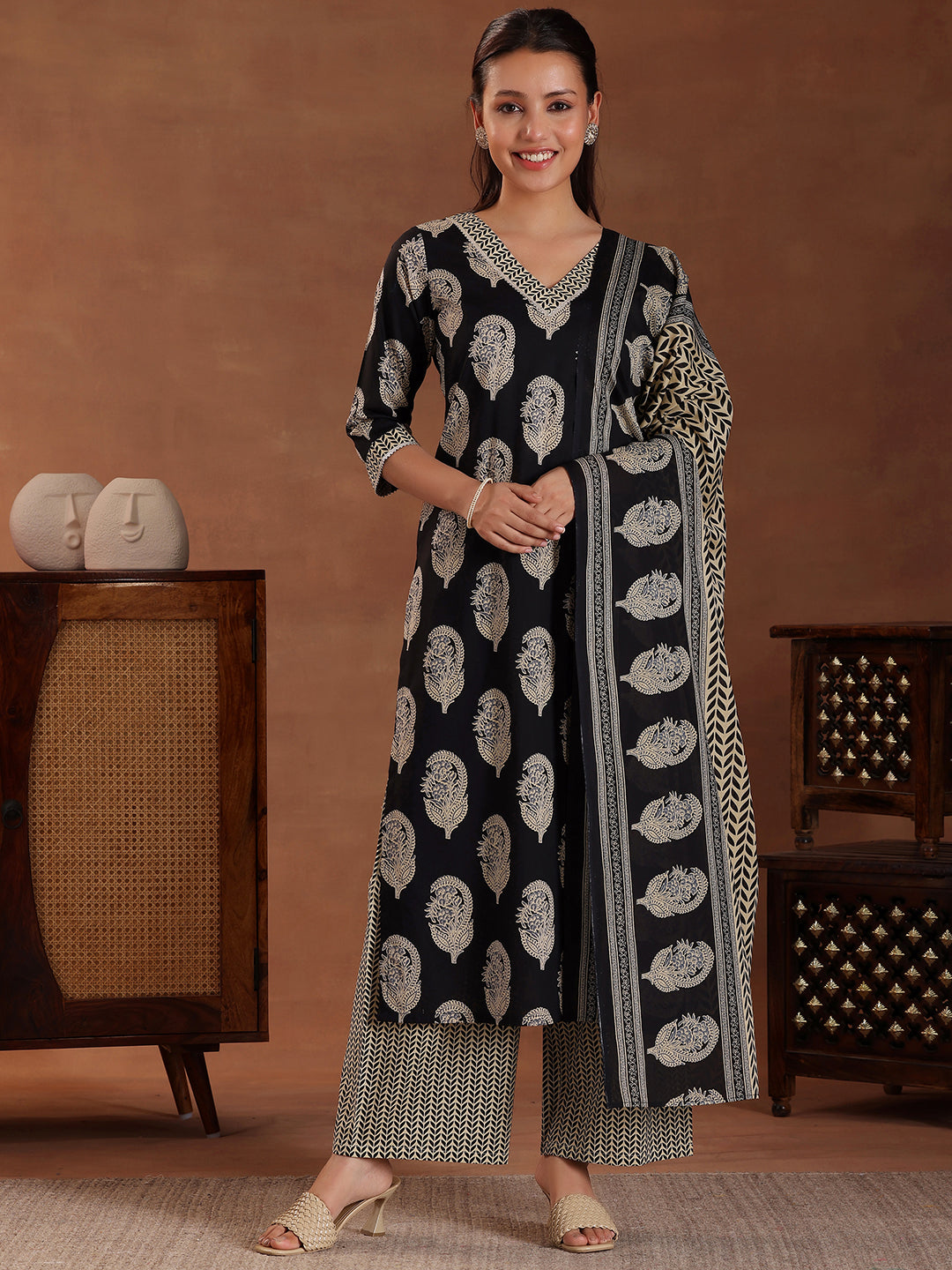 Black Printed Cotton Straight Suit With Dupatta