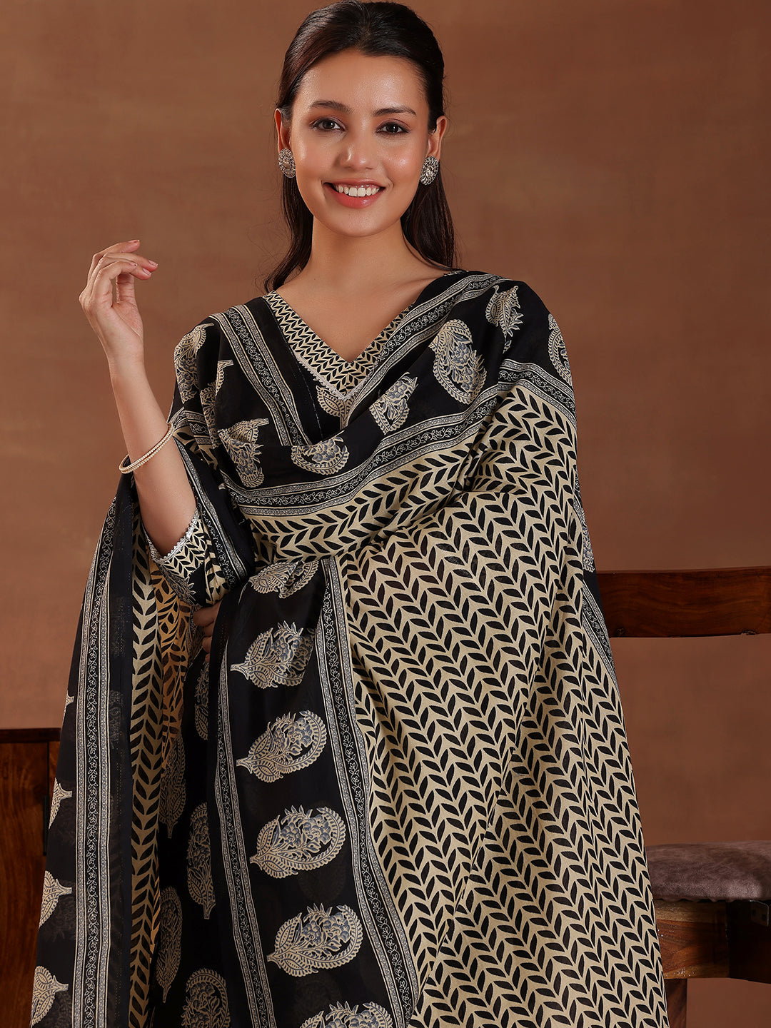 Black Printed Cotton Straight Suit With Dupatta