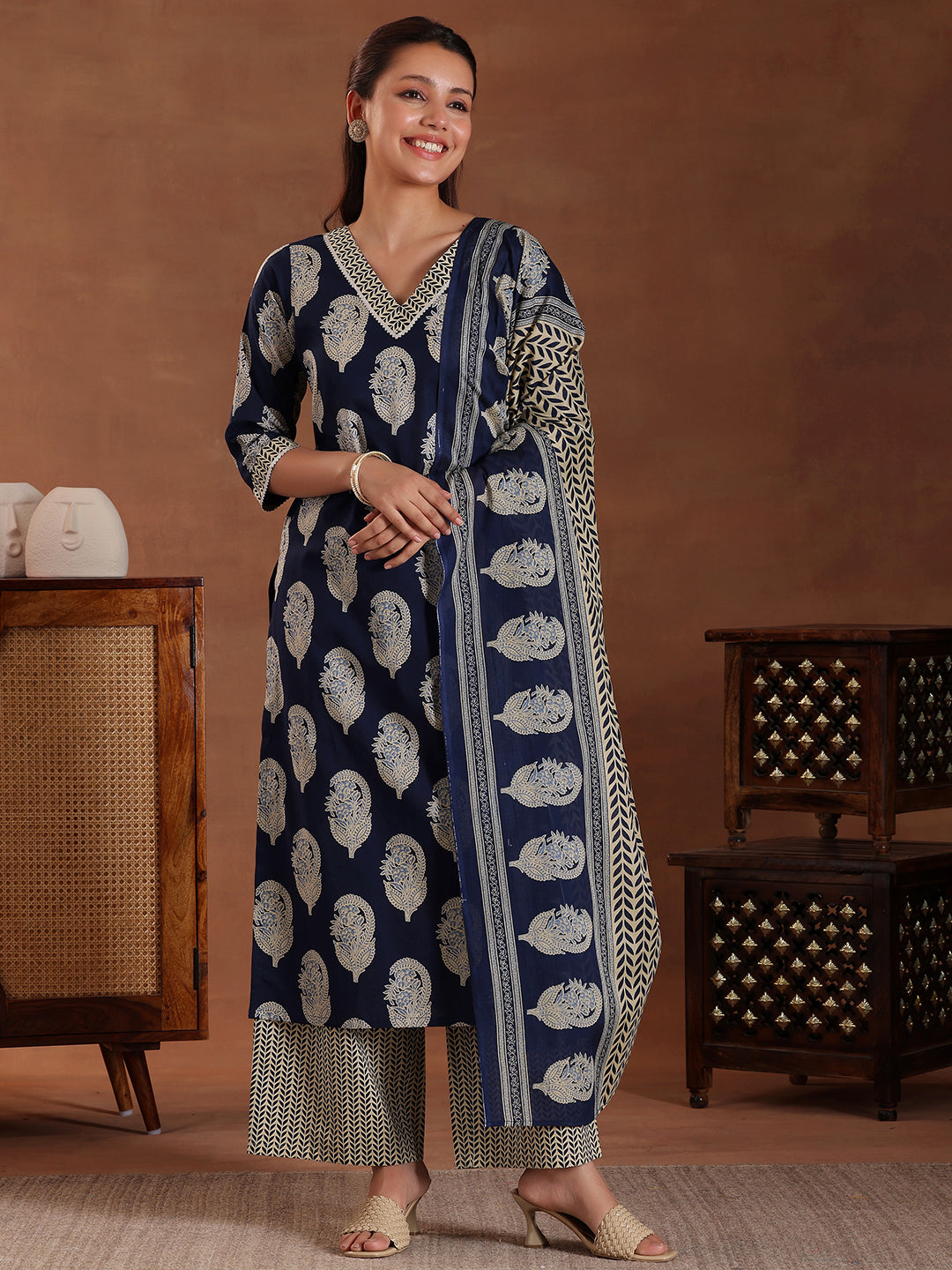 Blue Printed Cotton Straight Suit With Dupatta