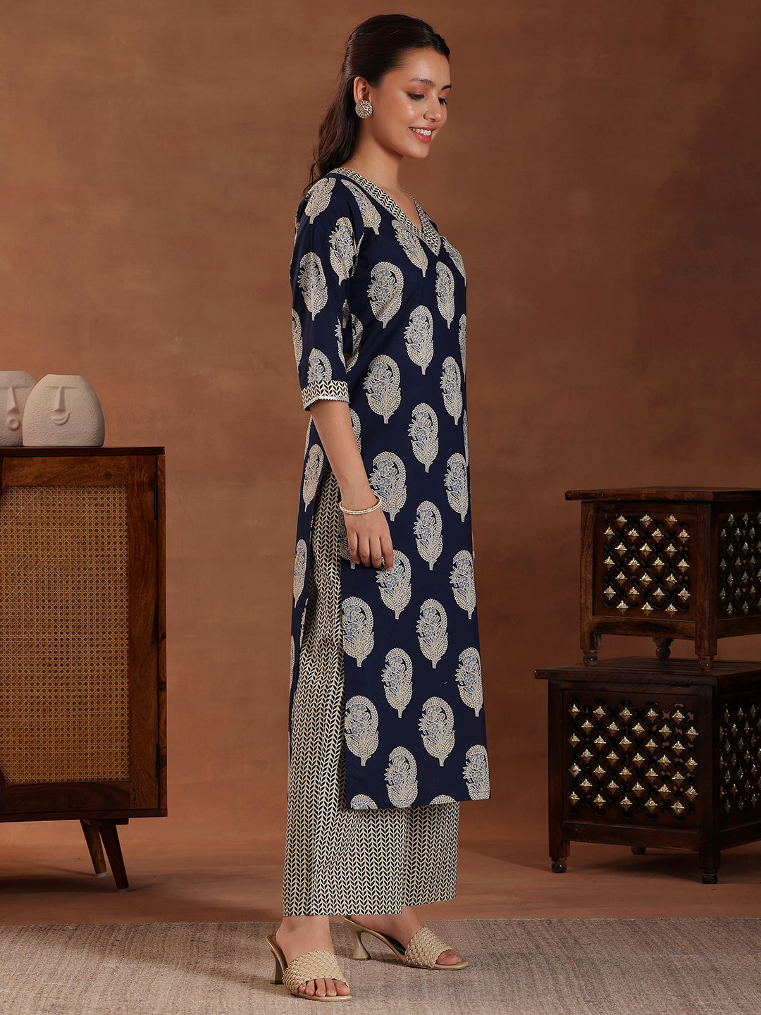 Blue Printed Cotton Straight Suit With Dupatta