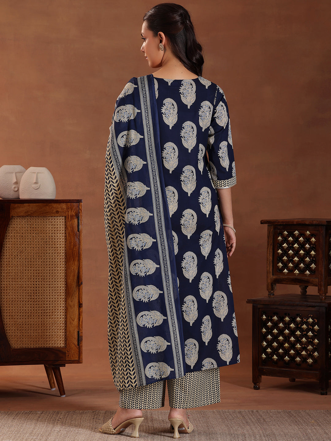 Blue Printed Cotton Straight Suit With Dupatta