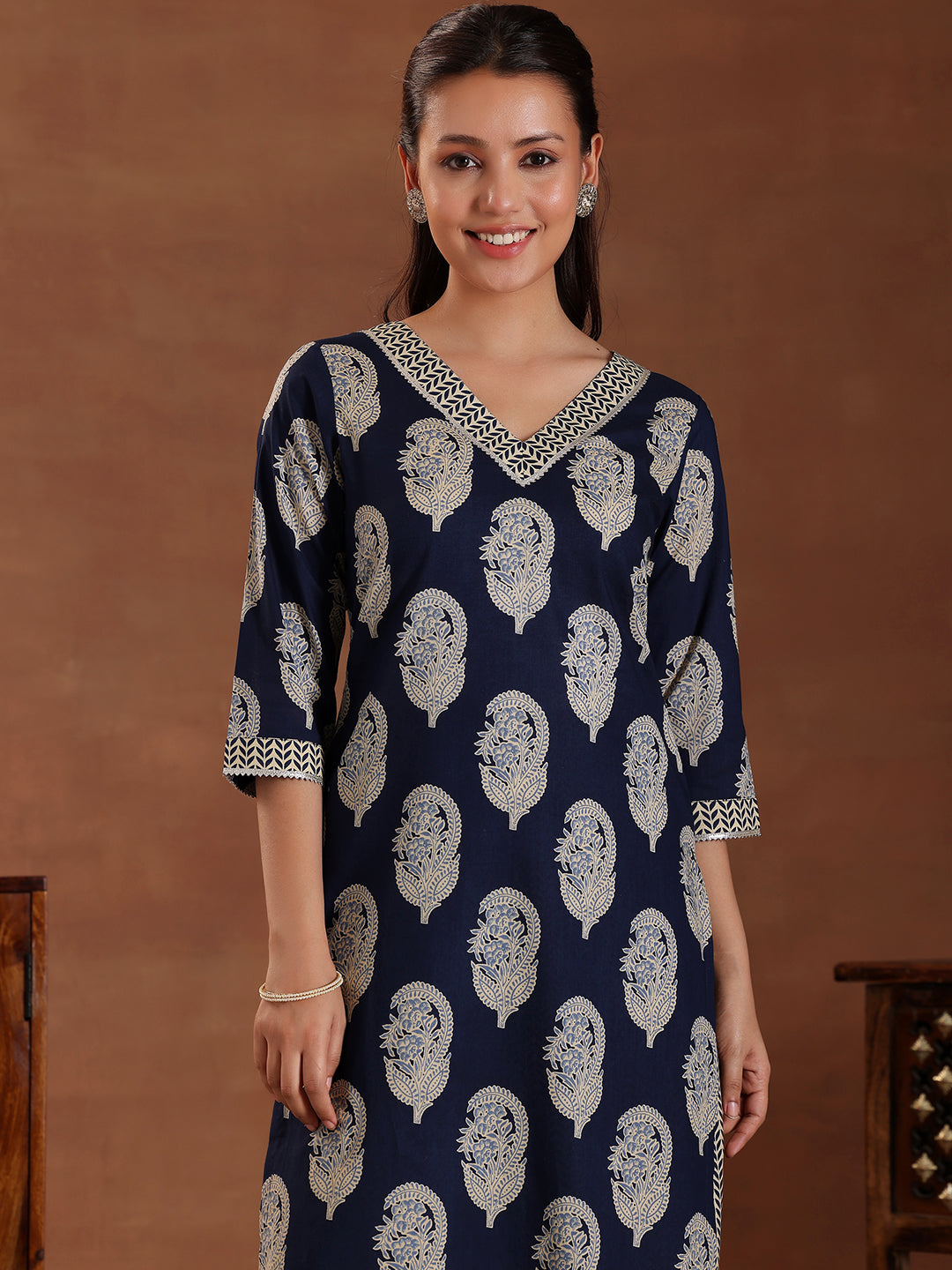 Blue Printed Cotton Straight Suit With Dupatta