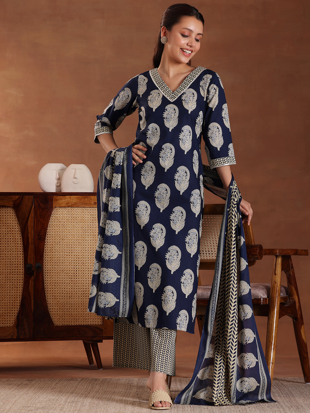 Blue Printed Cotton Straight Suit With Dupatta