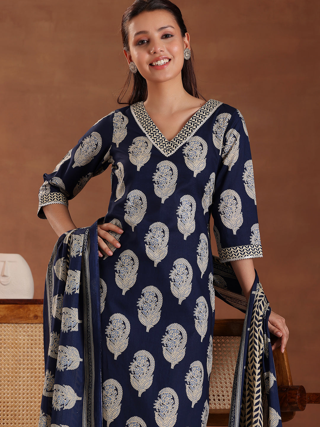 Blue Printed Cotton Straight Suit With Dupatta