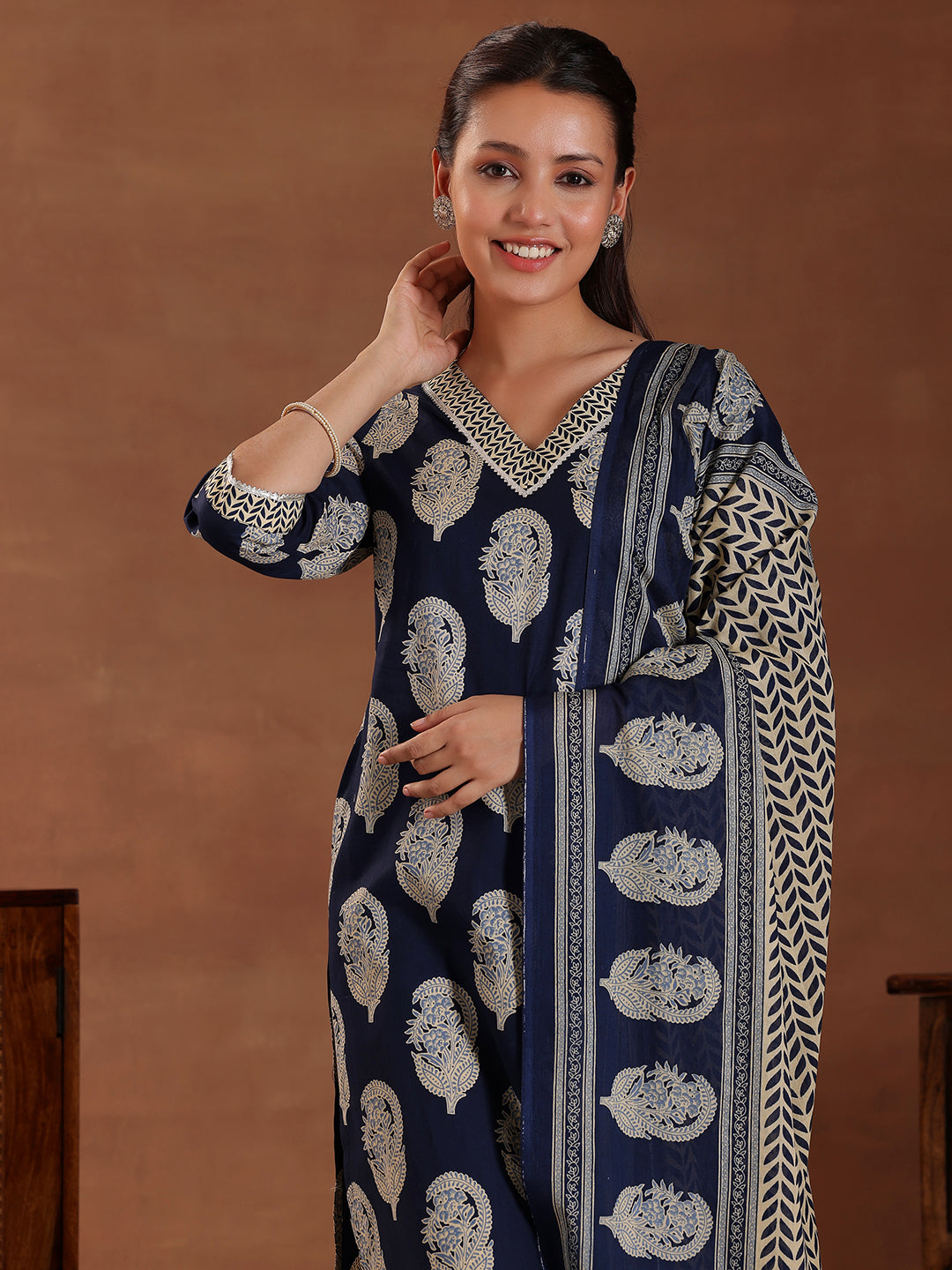 Blue Printed Cotton Straight Suit With Dupatta