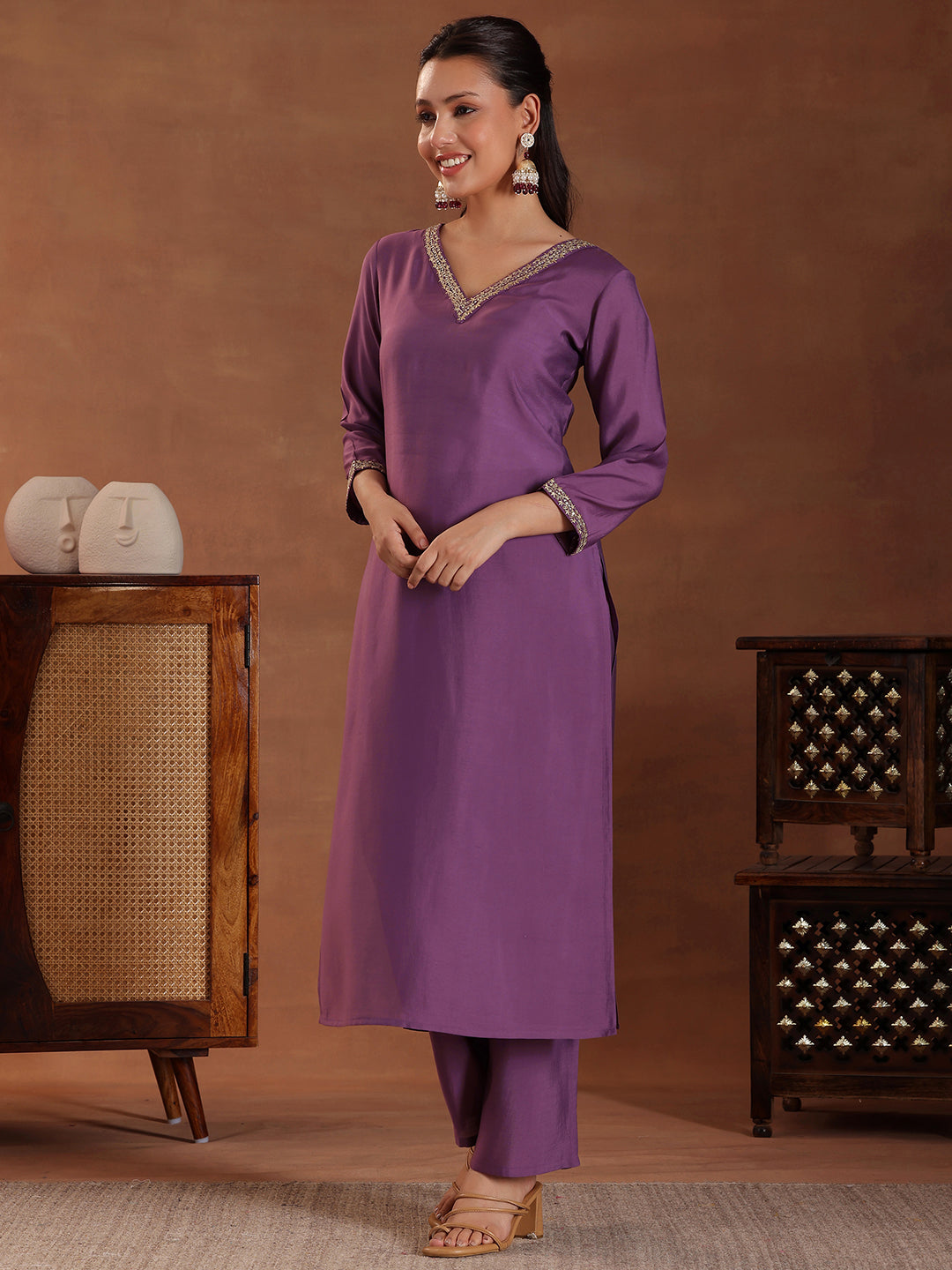 Purple Solid Silk Blend Straight Suit With Dupatta