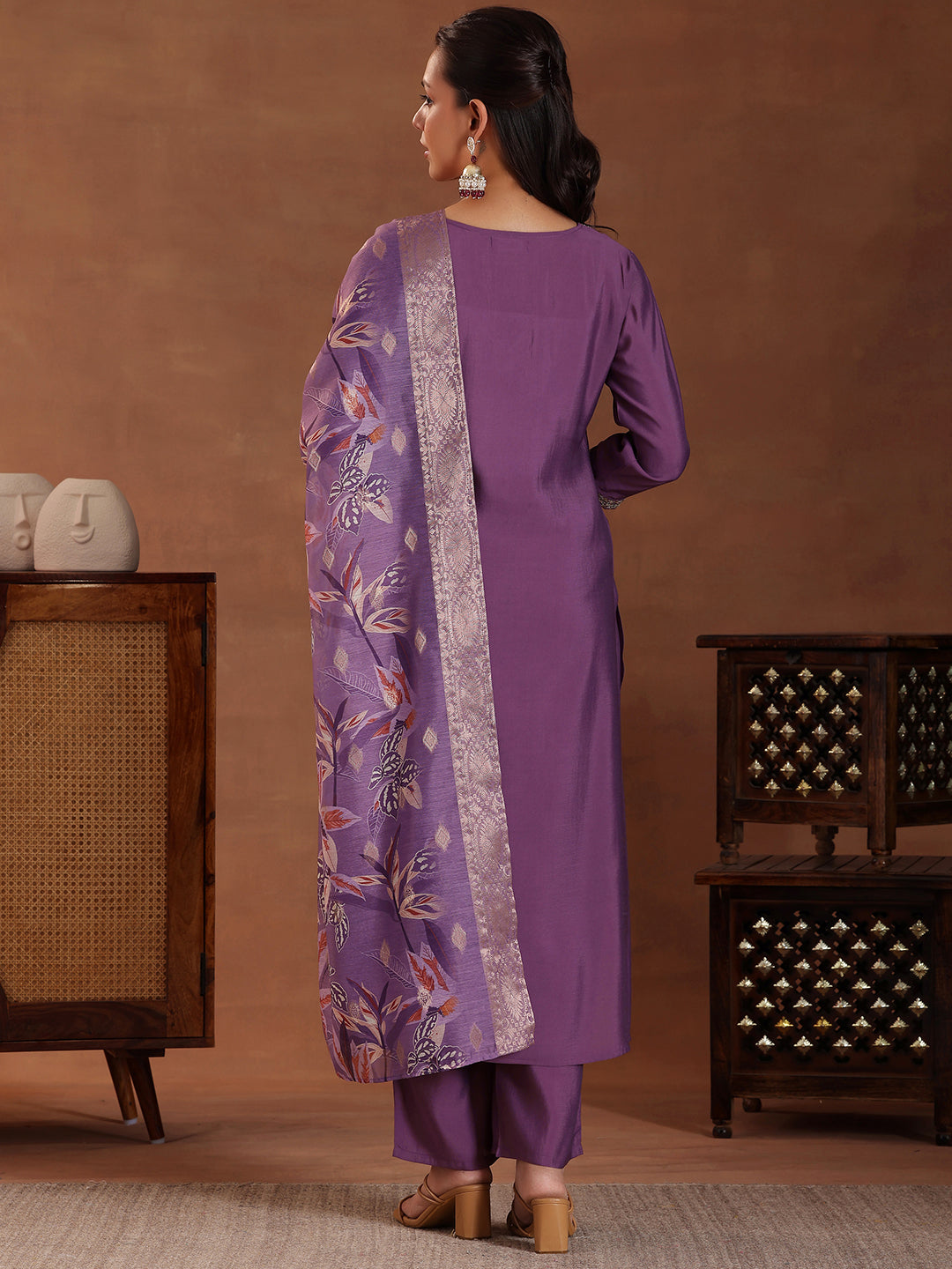 Purple Solid Silk Blend Straight Suit With Dupatta