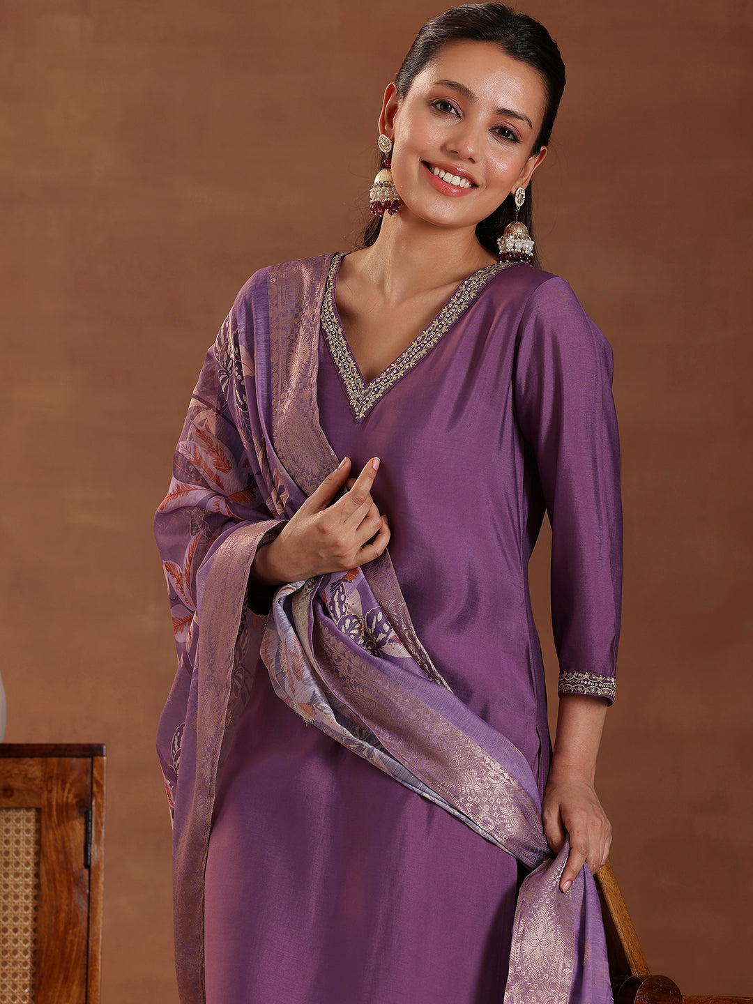 Purple Solid Silk Blend Straight Suit With Dupatta