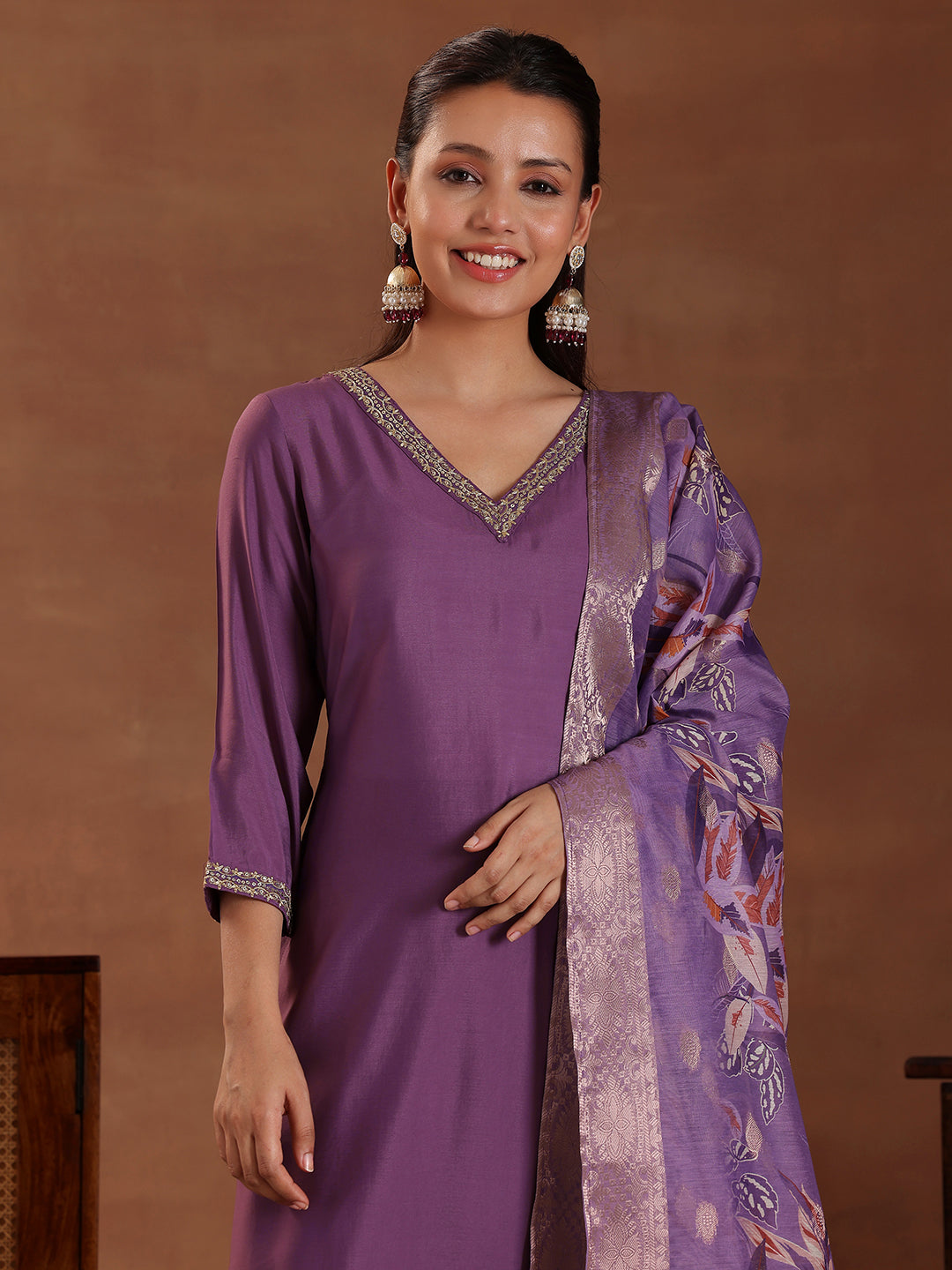 Purple Solid Silk Blend Straight Suit With Dupatta