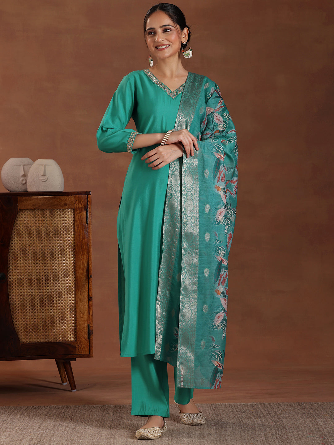 Blue Solid Silk Blend Straight Suit With Dupatta