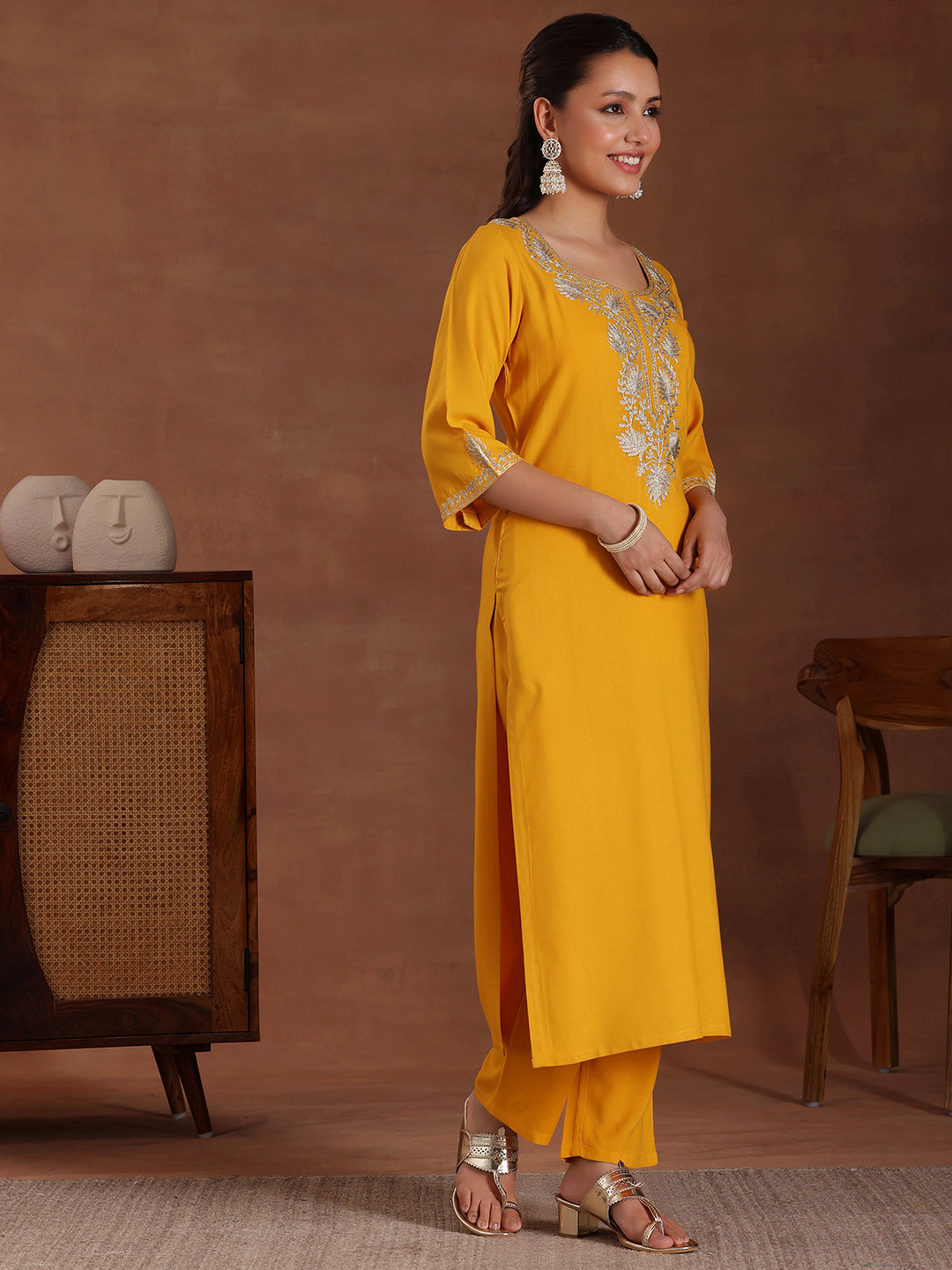 Mustard Yoke Design Rayon Straight Suit With Dupatta