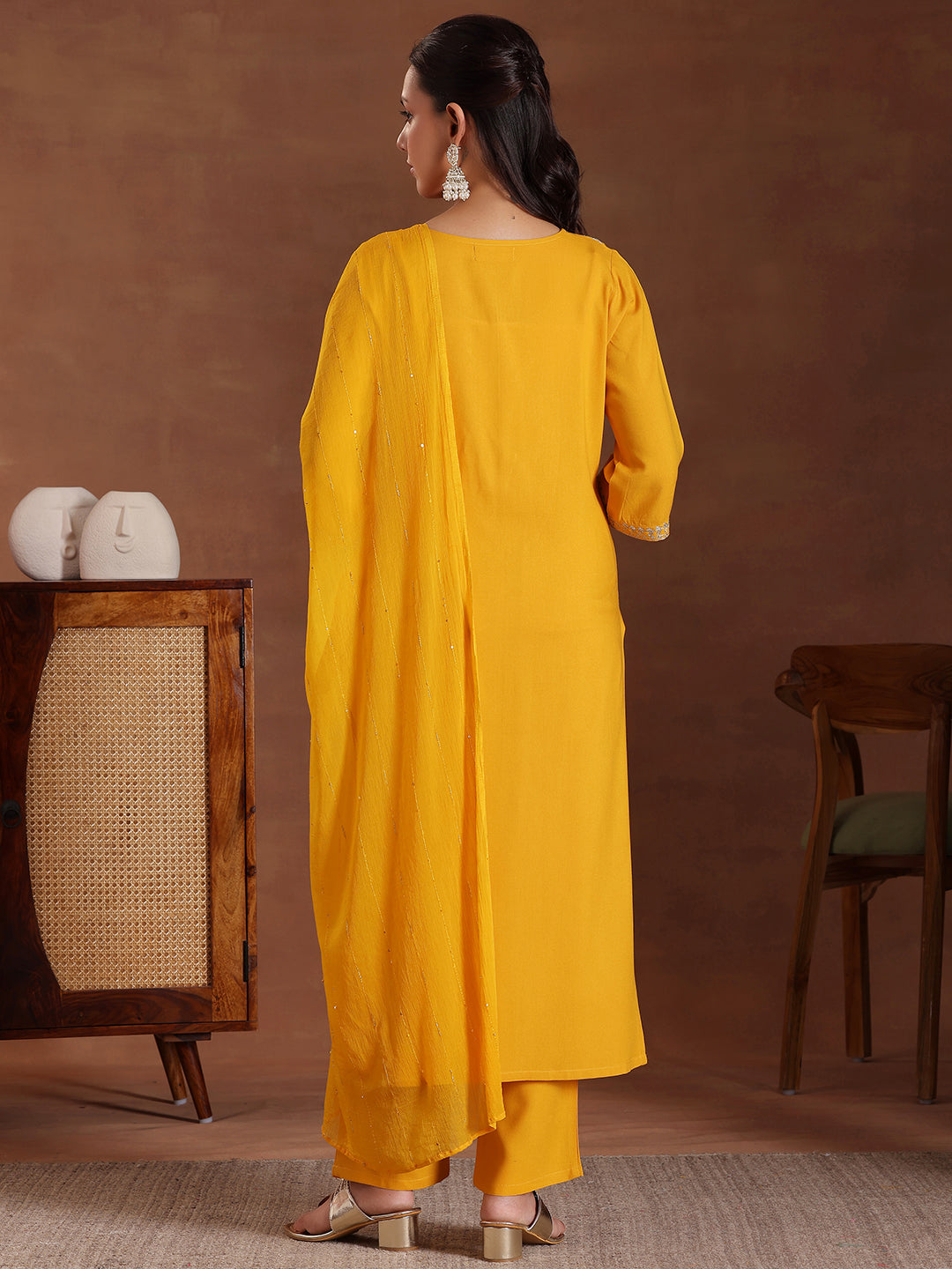 Mustard Yoke Design Rayon Straight Suit With Dupatta