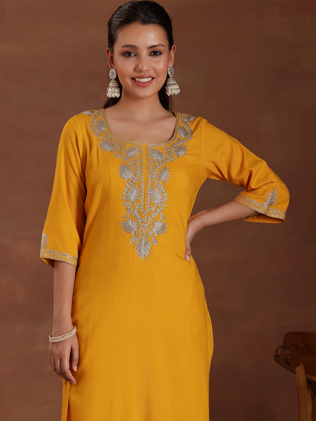 Mustard Yoke Design Rayon Straight Suit With Dupatta