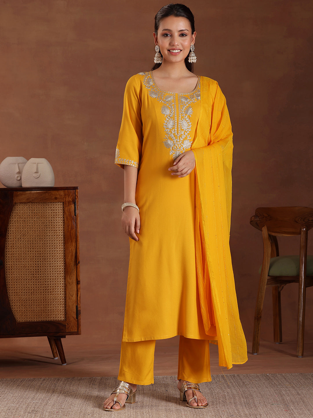 Mustard Yoke Design Rayon Straight Suit With Dupatta