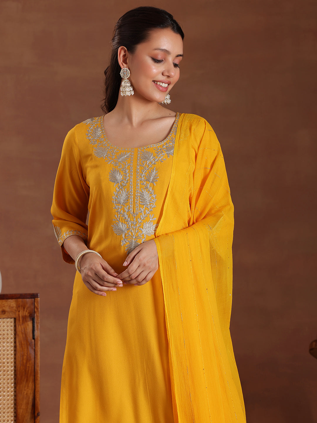 Mustard Yoke Design Rayon Straight Suit With Dupatta