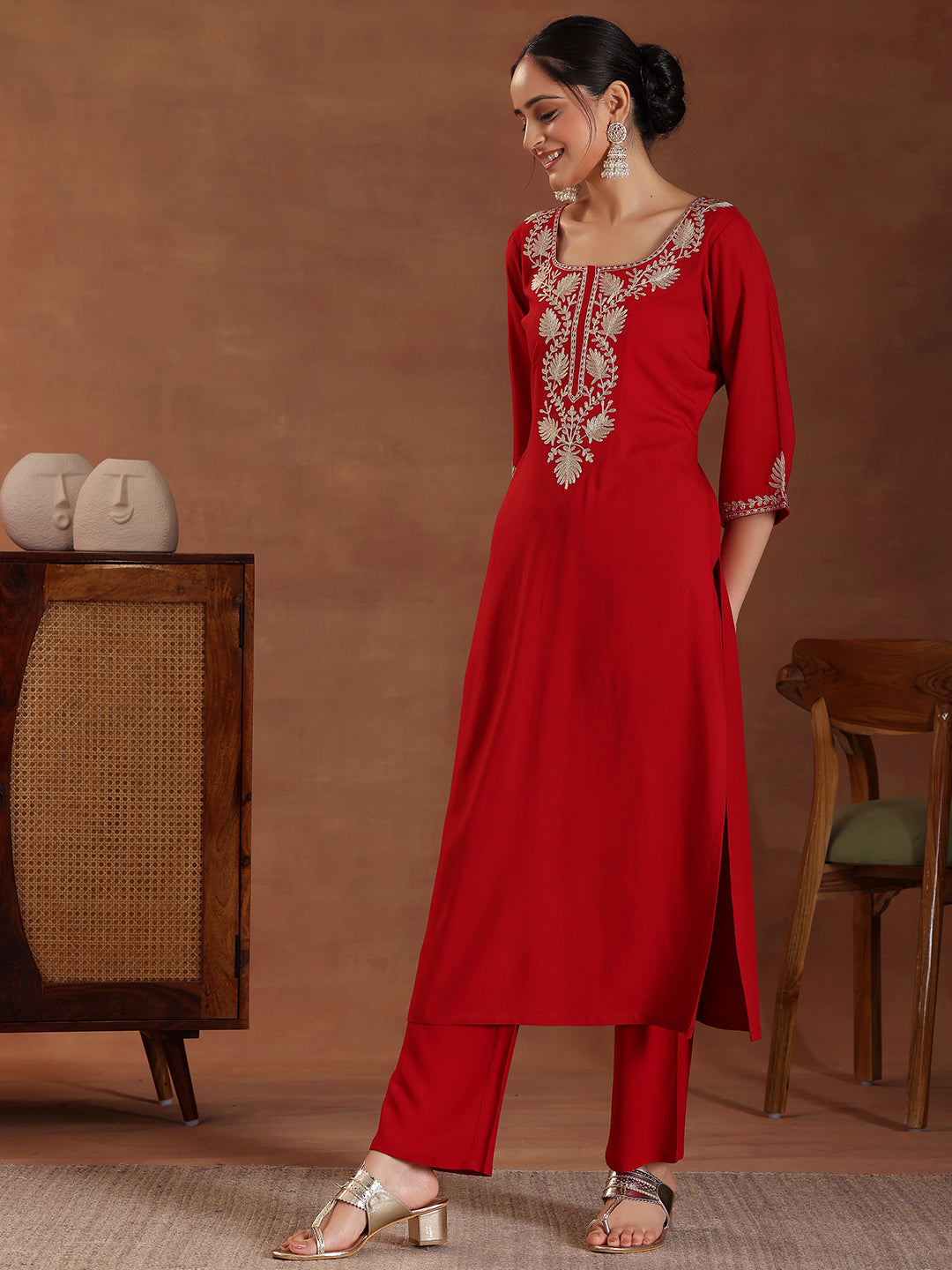 Red Yoke Design Rayon Straight Suit With Dupatta