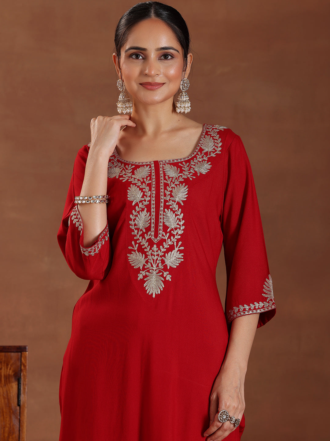 Red Yoke Design Rayon Straight Suit With Dupatta