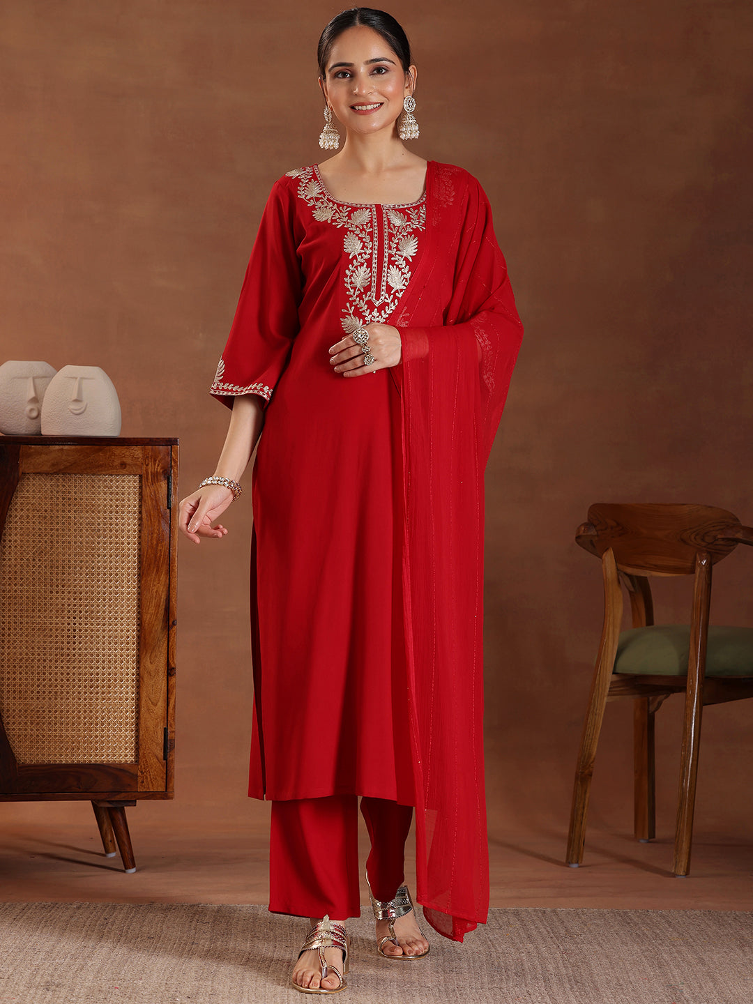 Red Yoke Design Rayon Straight Suit With Dupatta