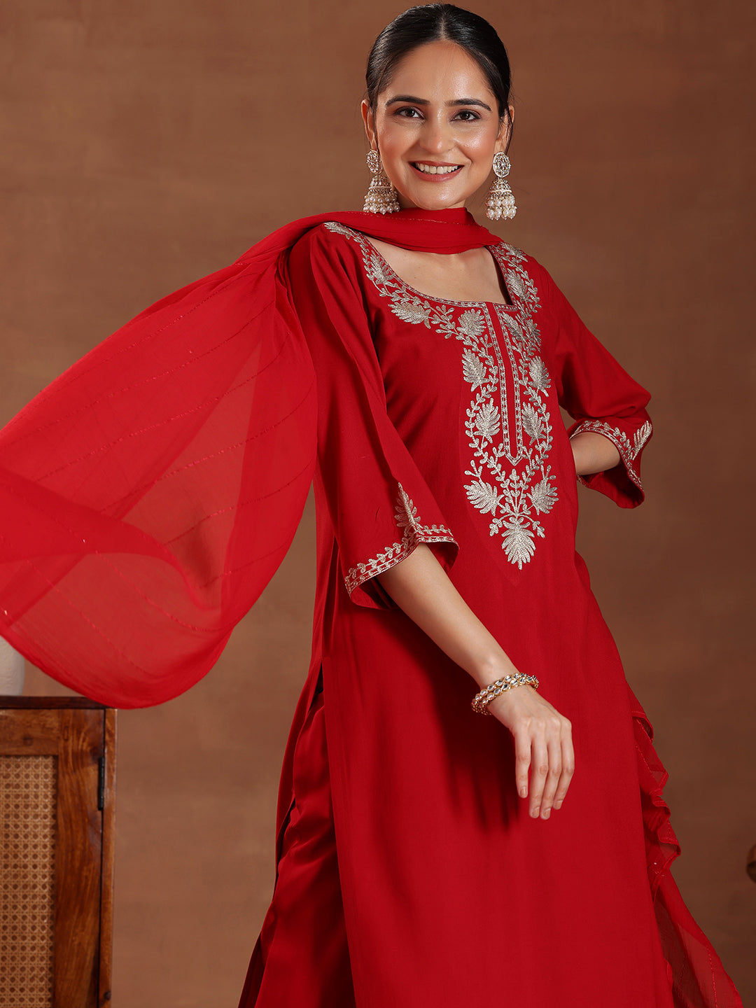 Red Yoke Design Rayon Straight Suit With Dupatta