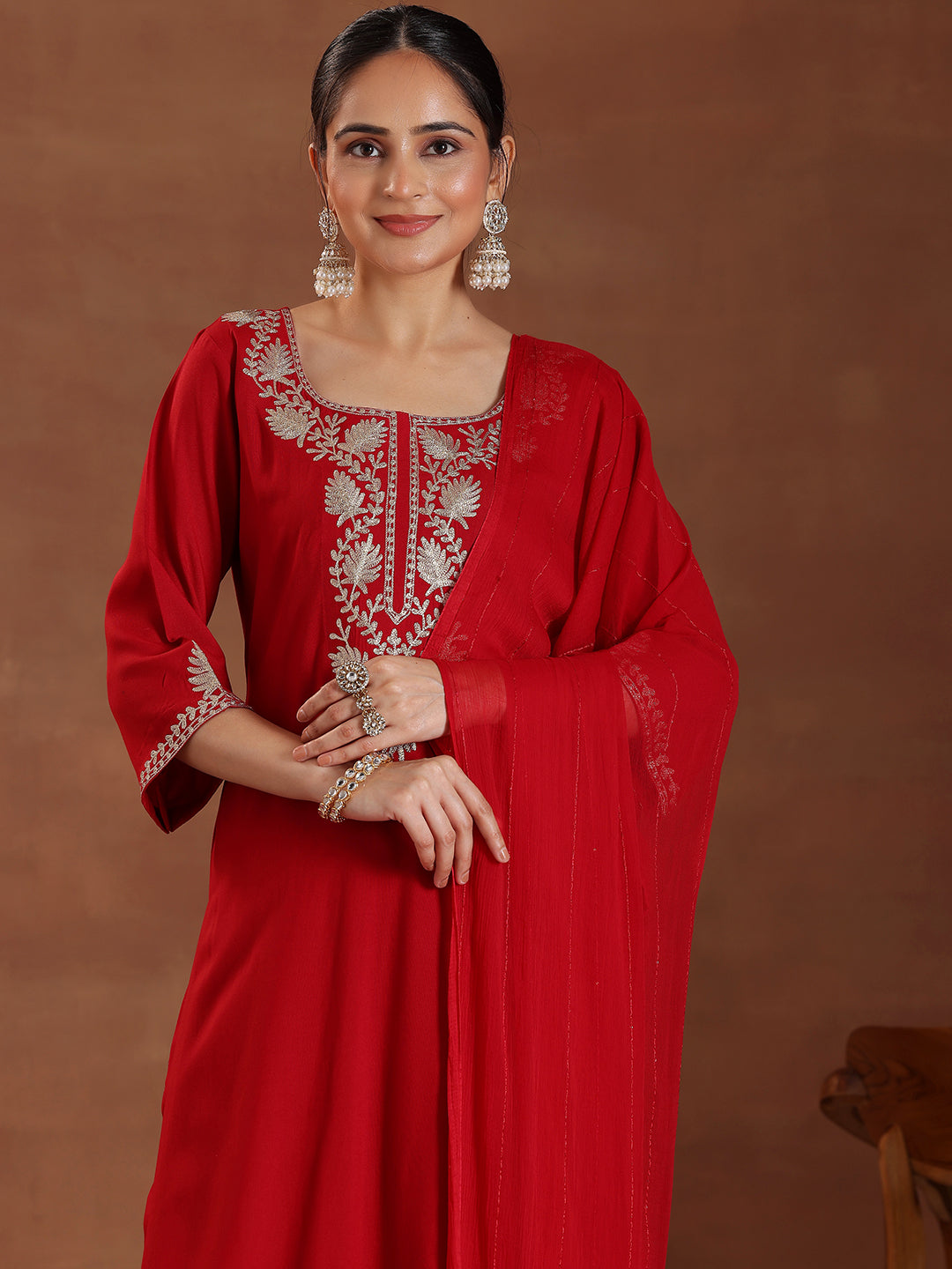 Red Yoke Design Rayon Straight Suit With Dupatta