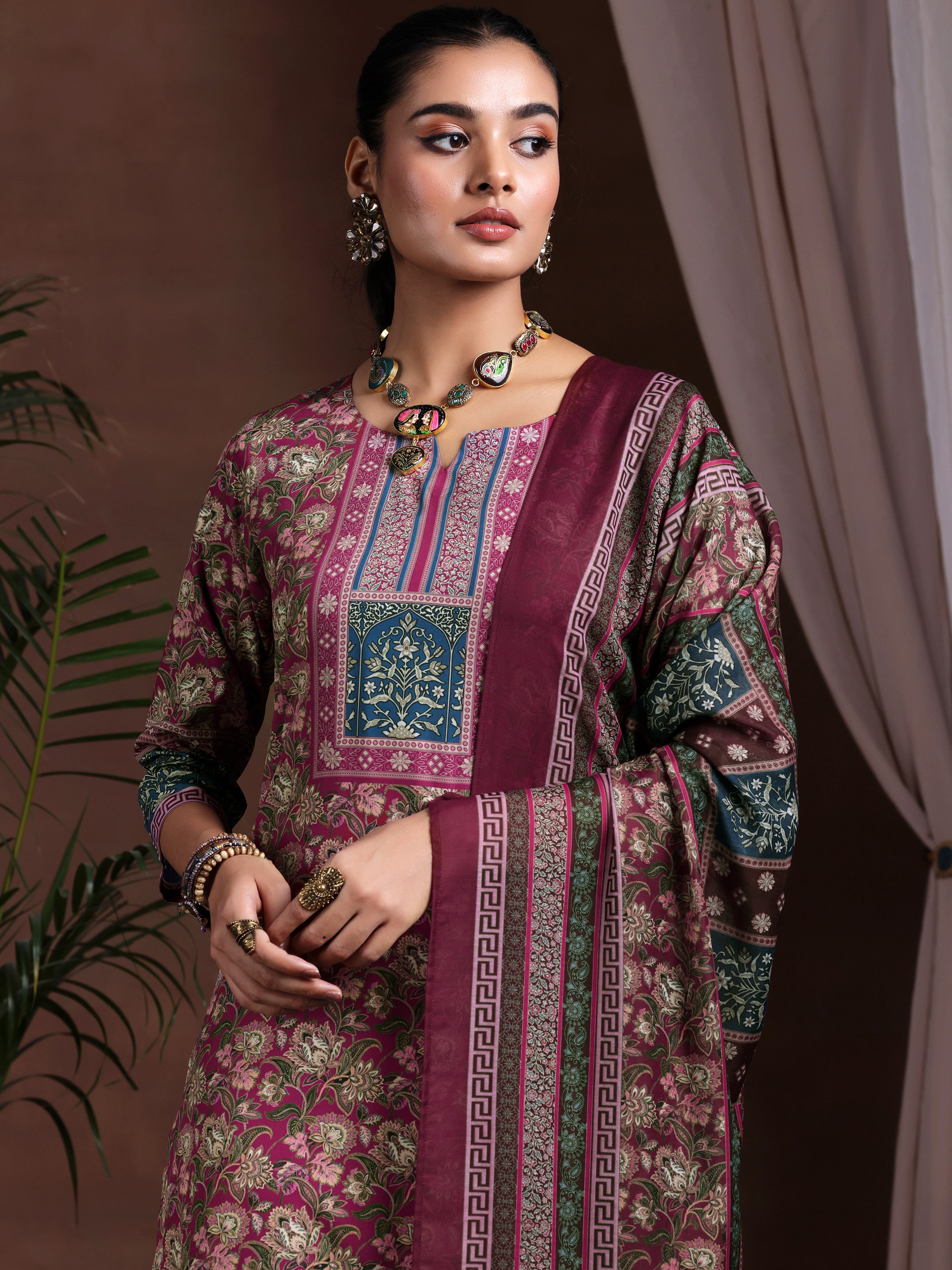 Brown Printed Poly Crepe Straight Suit With Dupatta