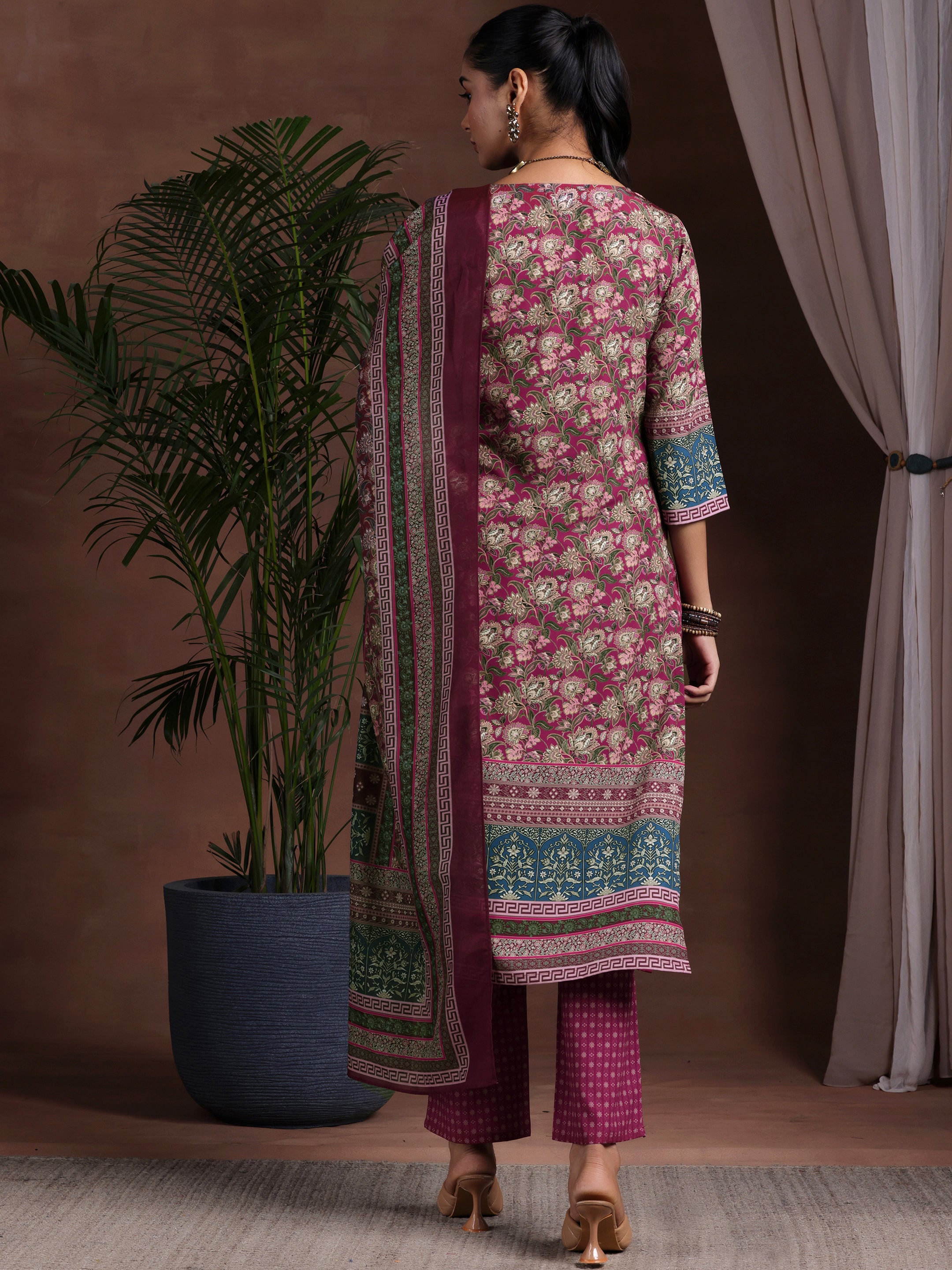 Brown Printed Poly Crepe Straight Suit With Dupatta