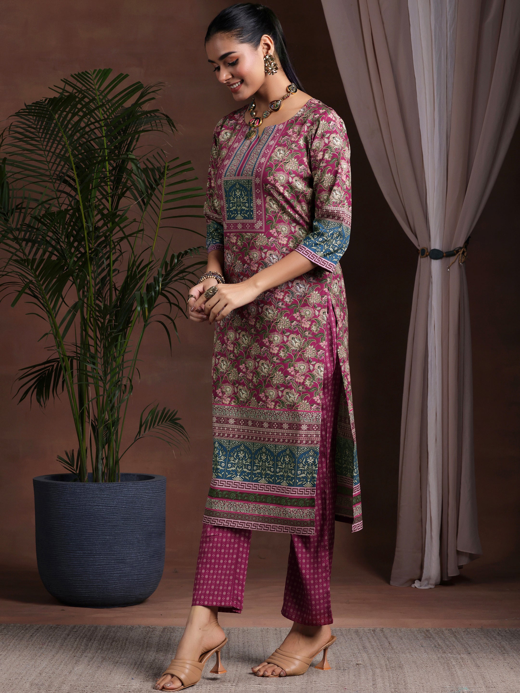 Brown Printed Poly Crepe Straight Suit With Dupatta