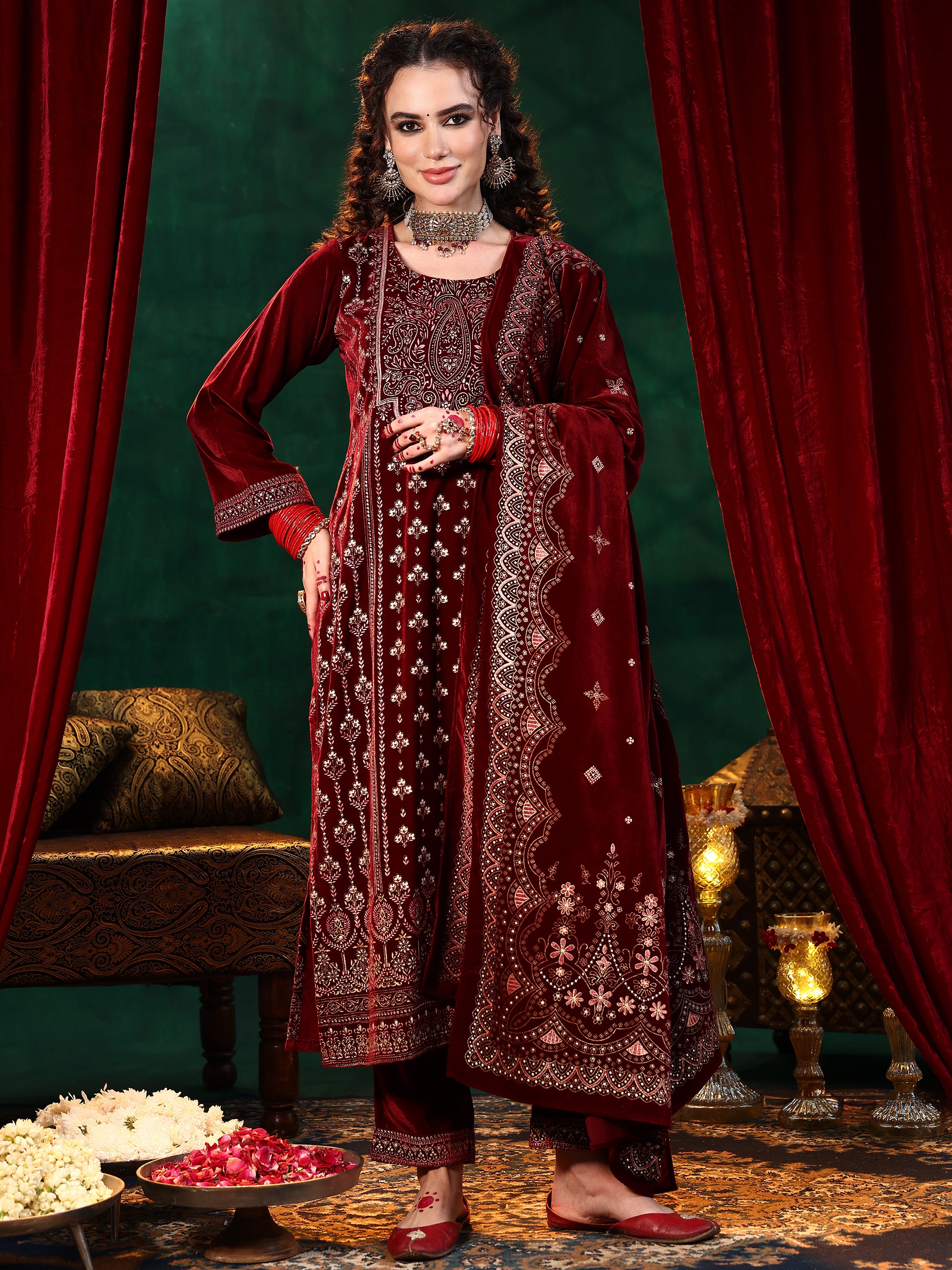 Maroon Embroidered Velvet Straight Suit With Dupatta