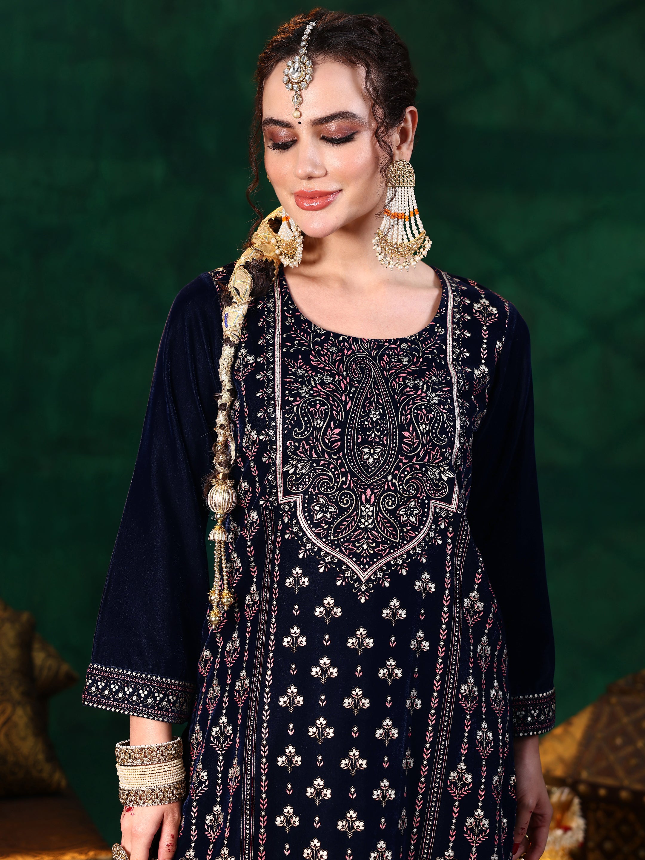 Blue Embroidered Velvet Straight Suit With Dupatta