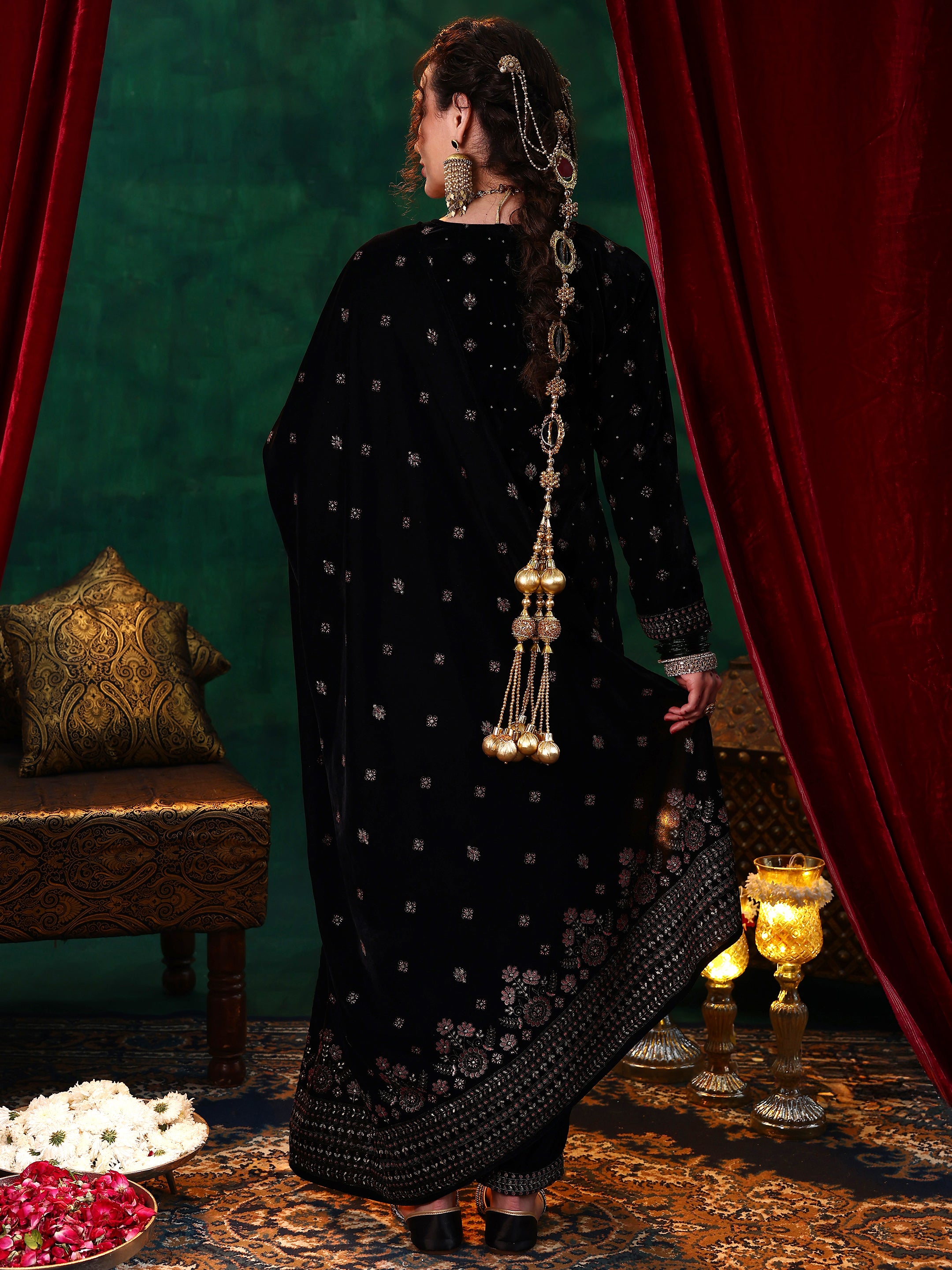 Black Embroidered Velvet Straight Suit With Dupatta