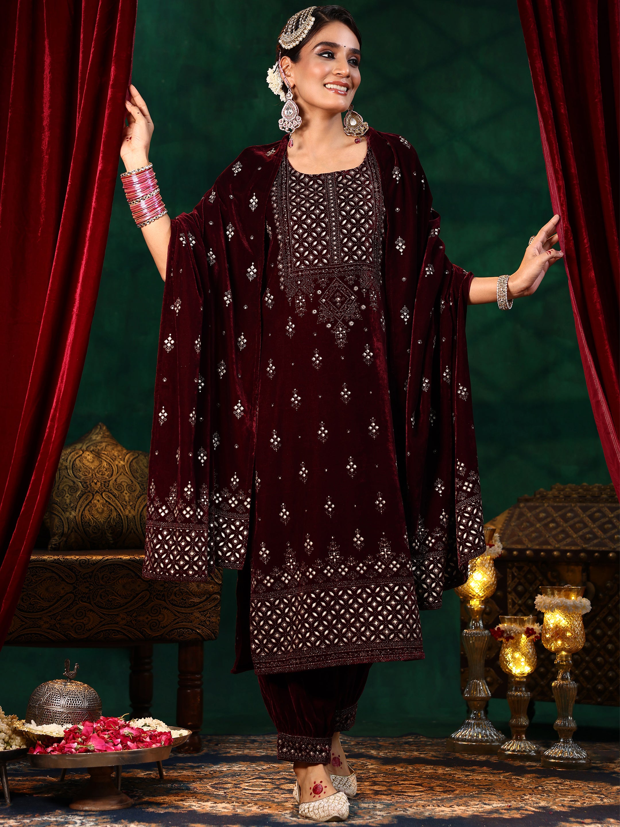 Burgundy Embroidered Velvet Straight Suit With Dupatta