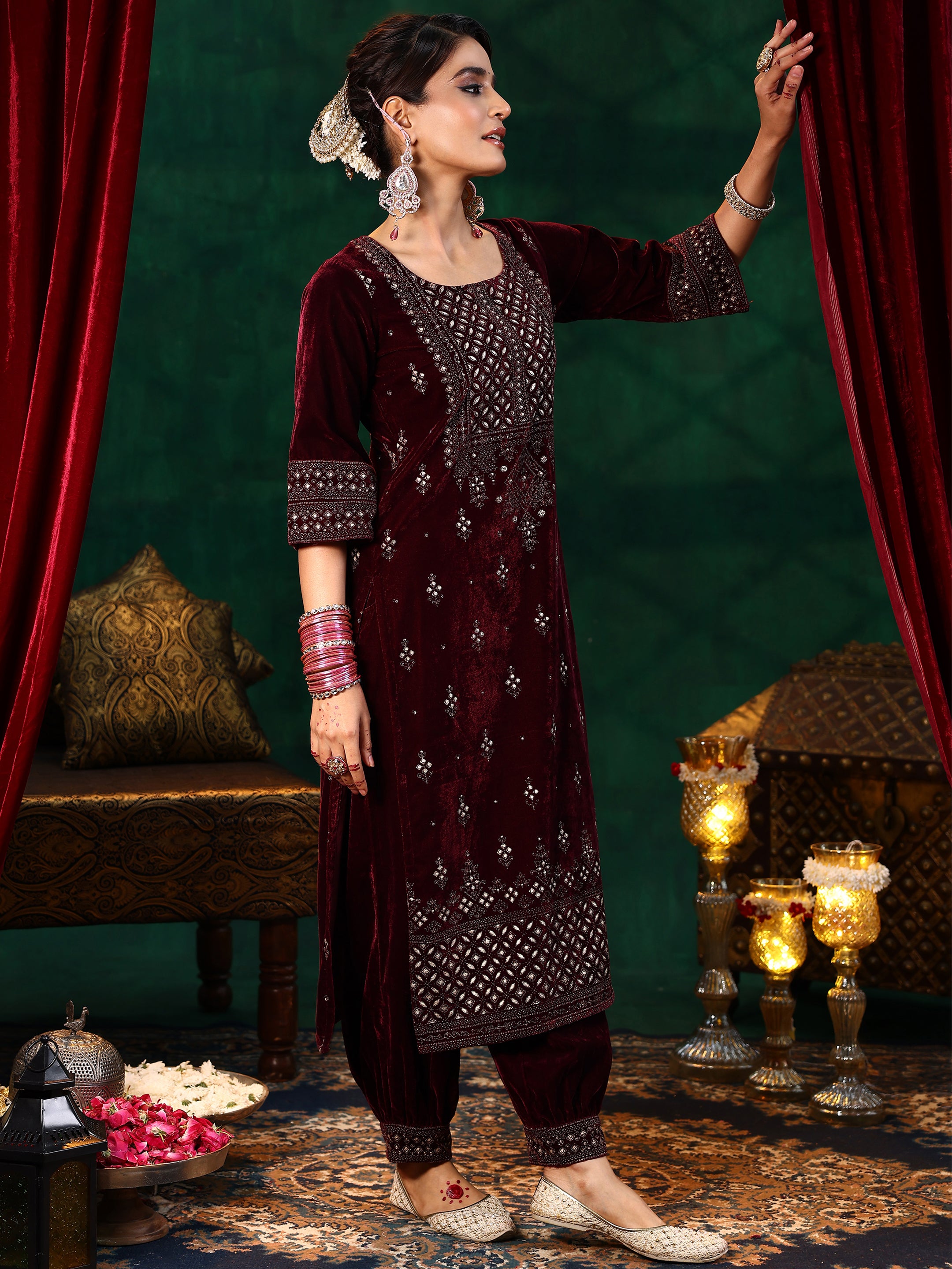 Burgundy Embroidered Velvet Straight Suit With Dupatta