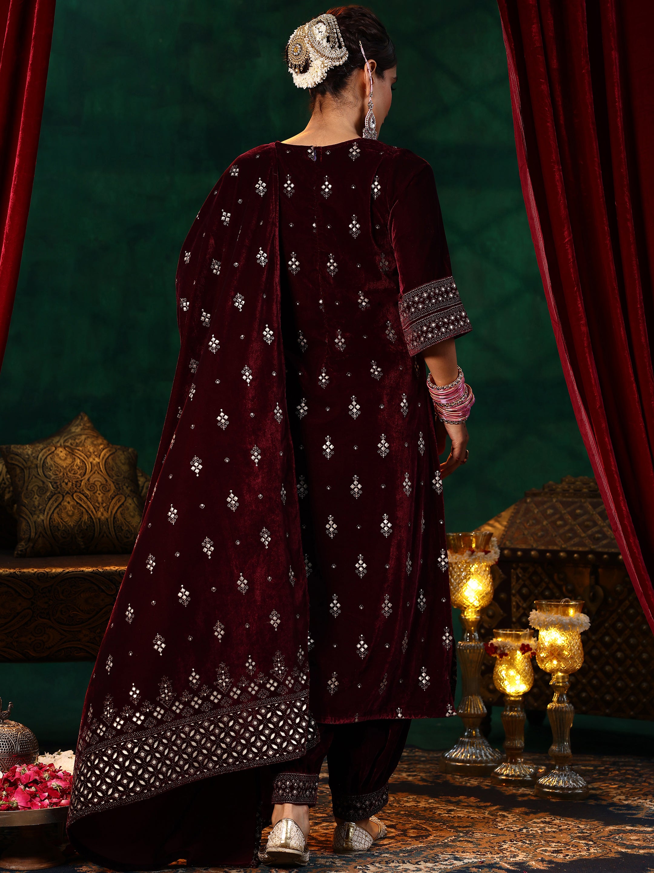 Burgundy Embroidered Velvet Straight Suit With Dupatta