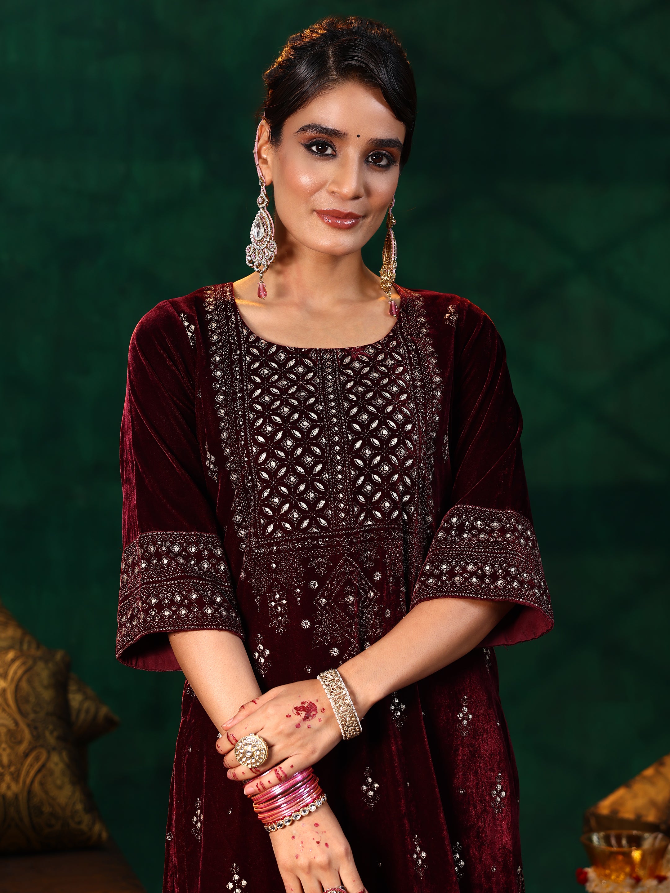 Burgundy Embroidered Velvet Straight Suit With Dupatta