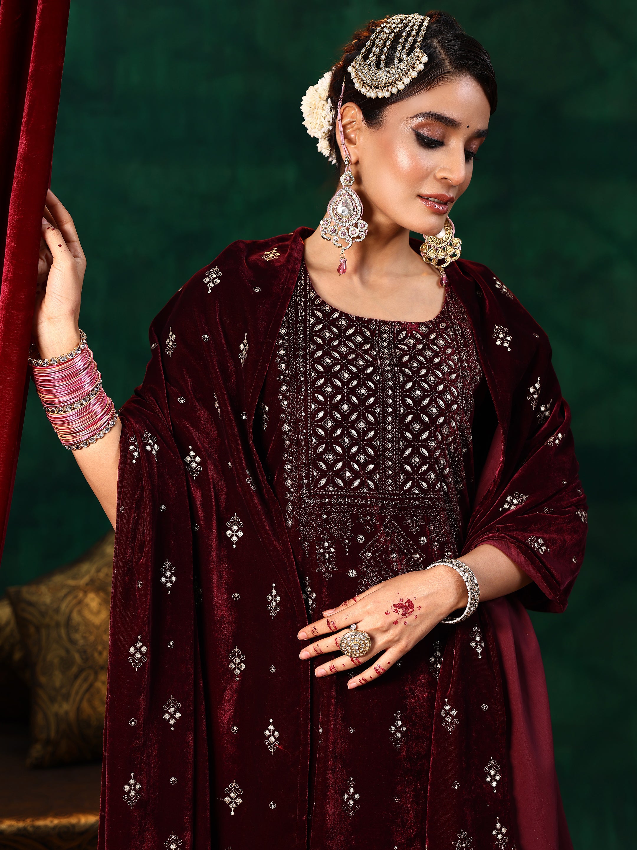 Burgundy Embroidered Velvet Straight Suit With Dupatta