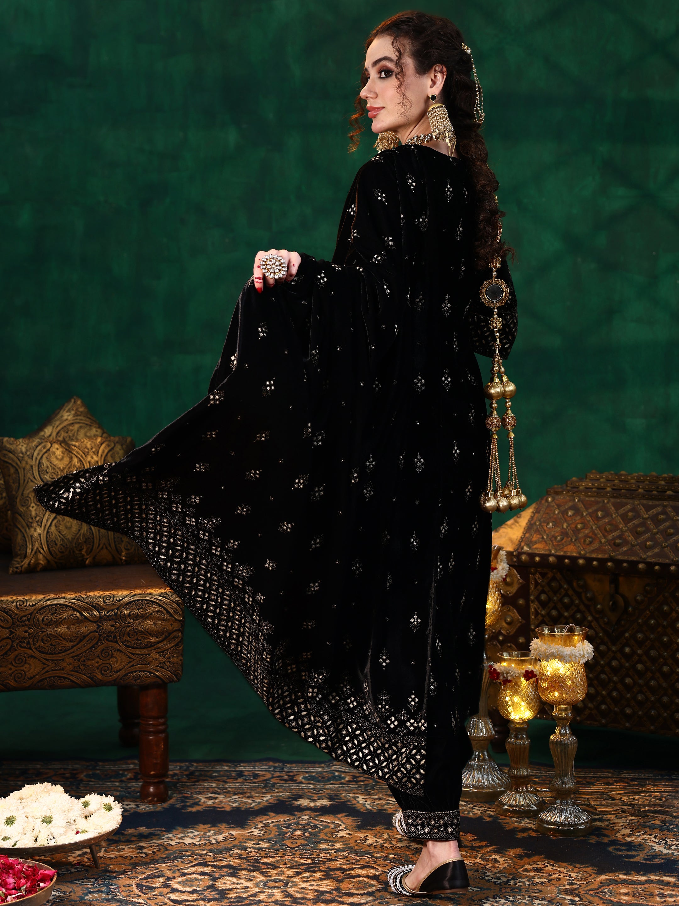 Black Embroidered Velvet Straight Suit With Dupatta