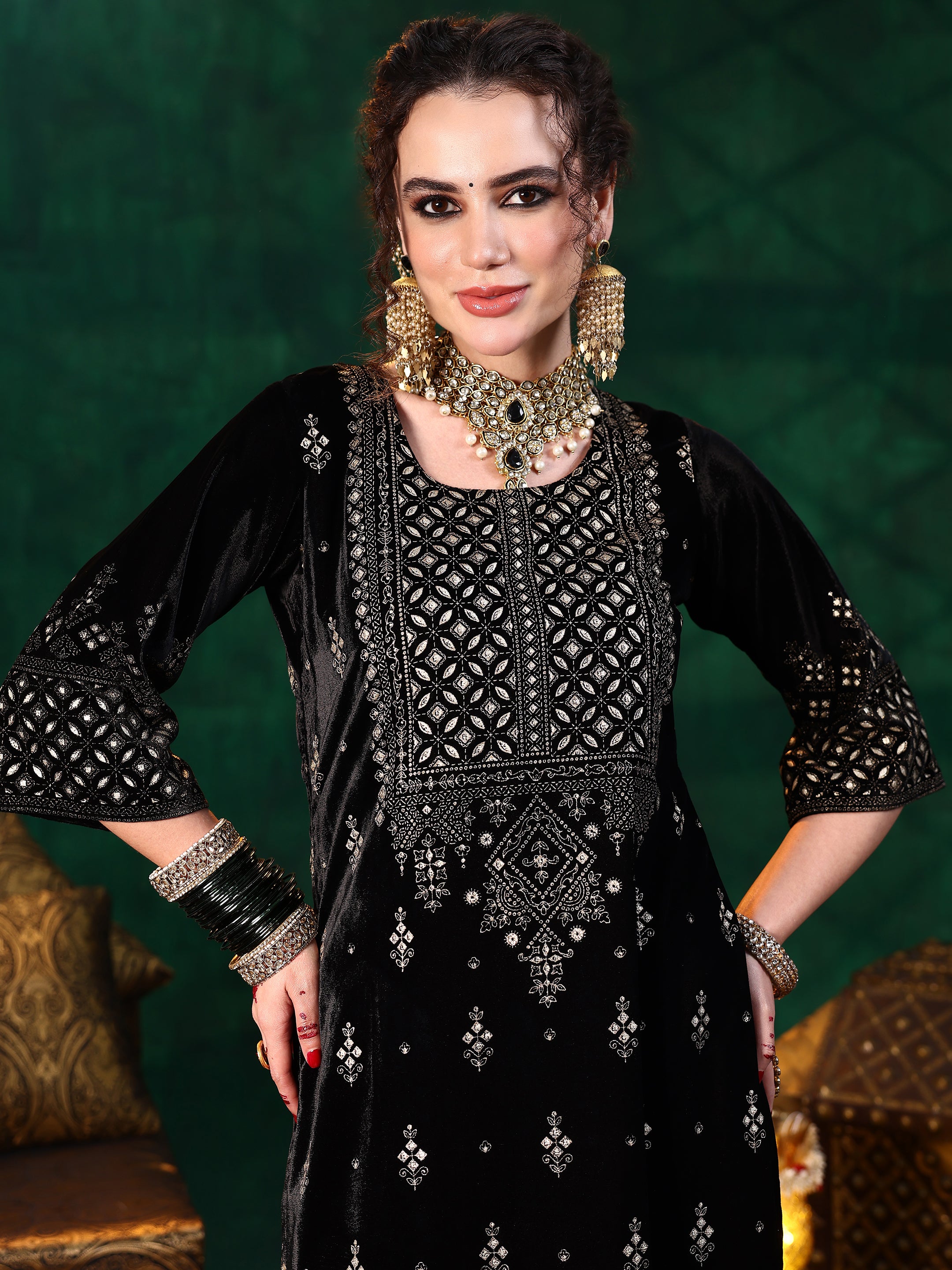 Black Embroidered Velvet Straight Suit With Dupatta