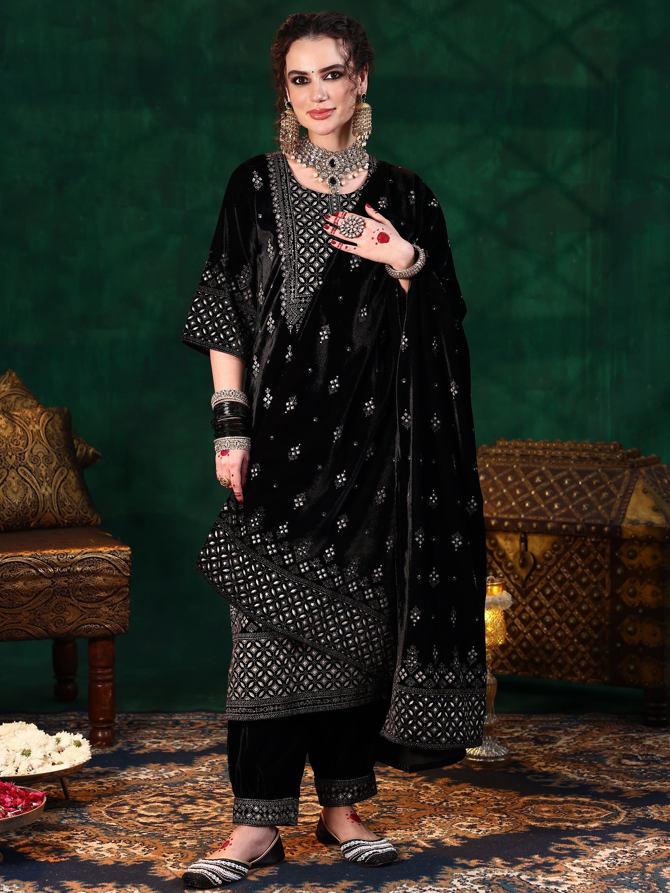 Black Embroidered Velvet Straight Suit With Dupatta