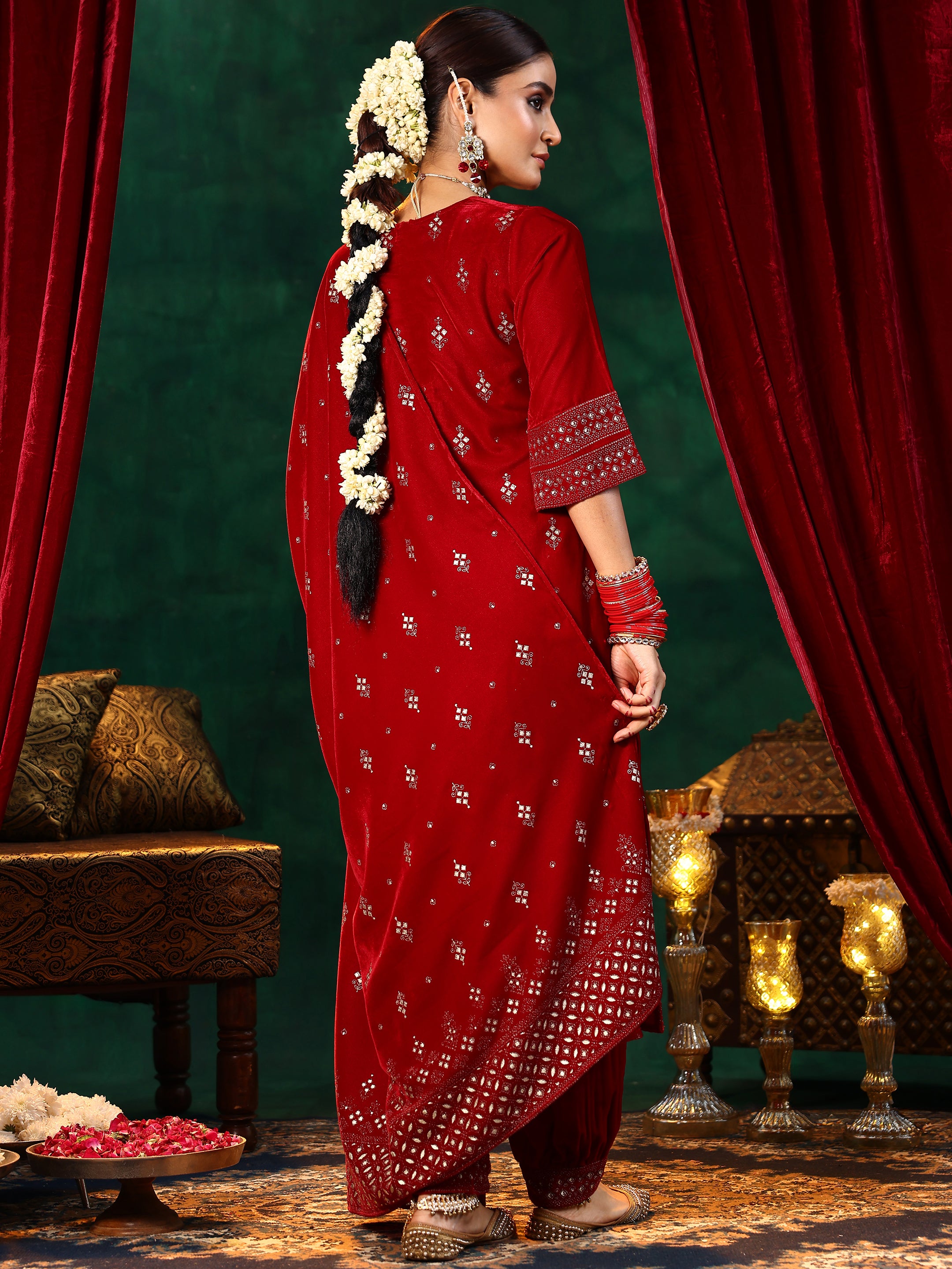 Red Embroidered Velvet Straight Suit With Dupatta