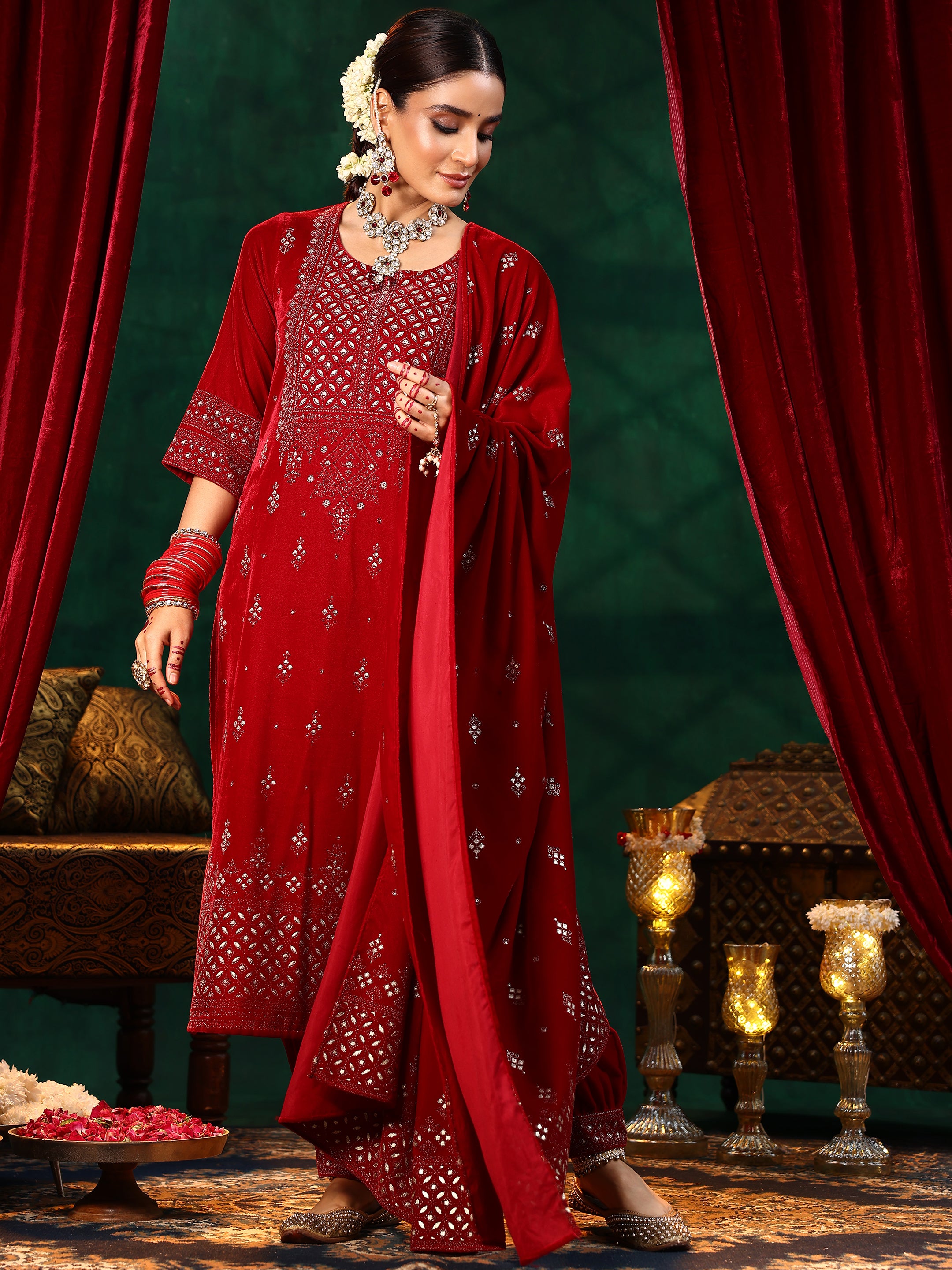 Red Embroidered Velvet Straight Suit With Dupatta