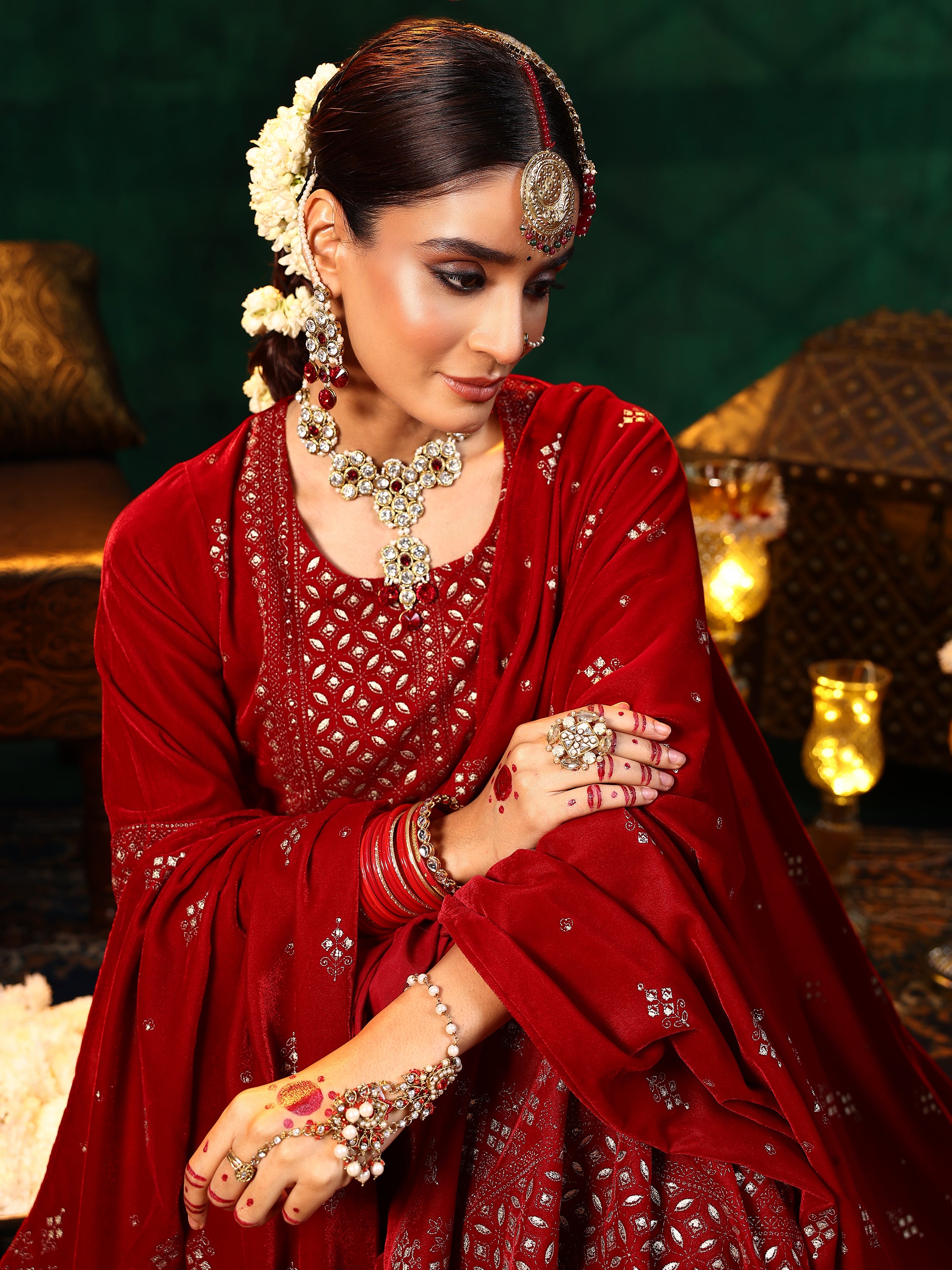 Red Embroidered Velvet Straight Suit With Dupatta