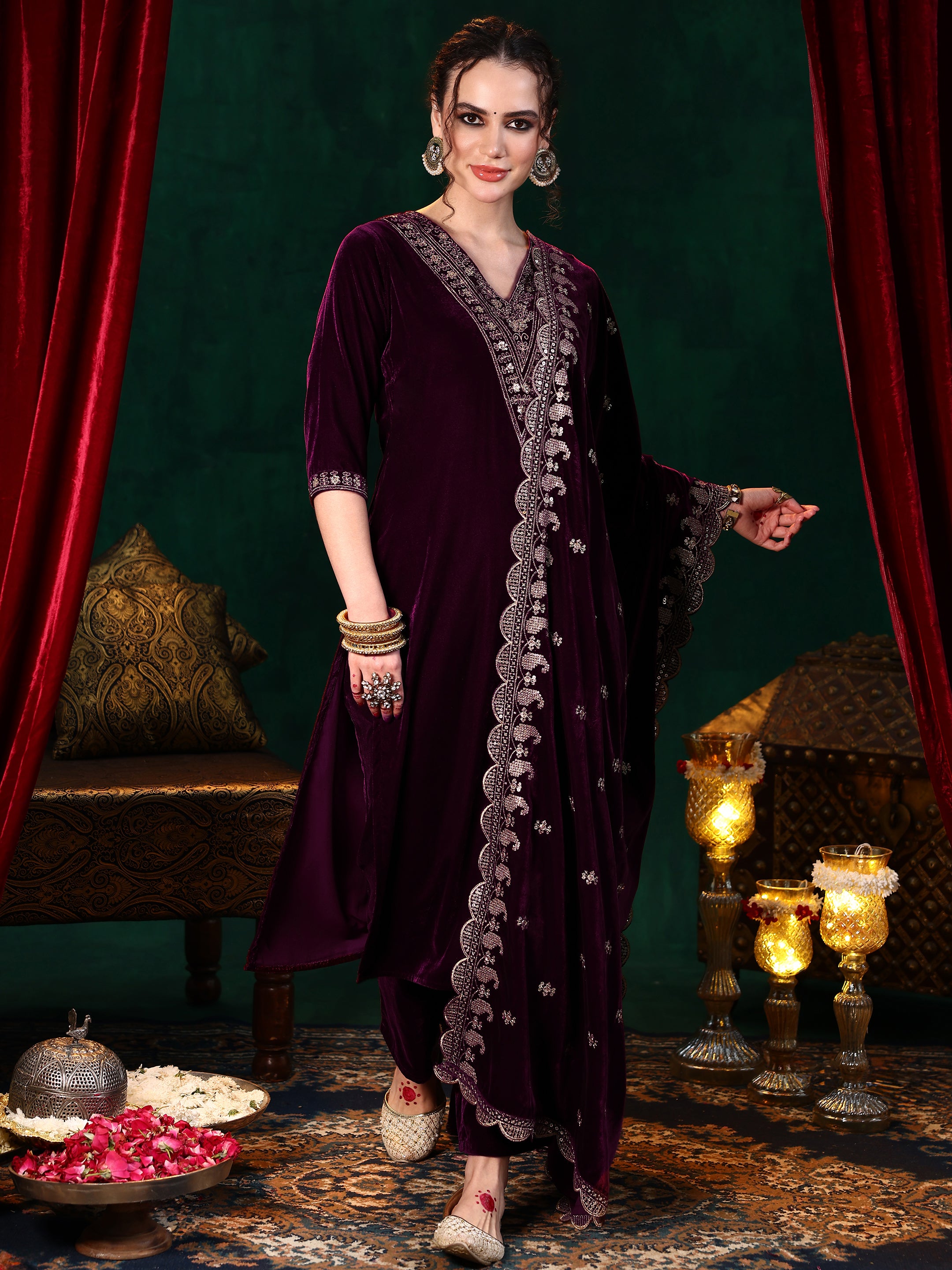 Burgundy Yoke Design Velvet Straight Suit With Dupatta