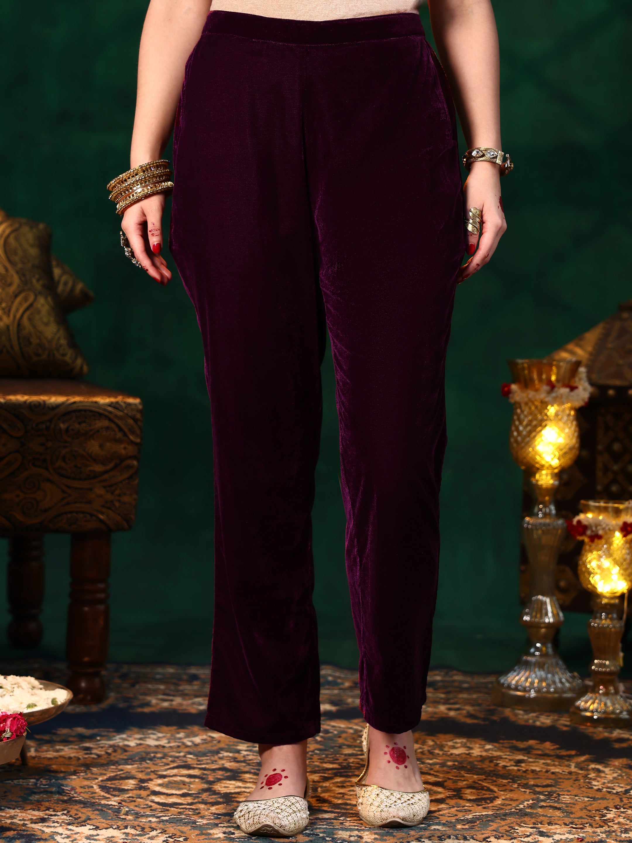 Burgundy Yoke Design Velvet Straight Suit With Dupatta