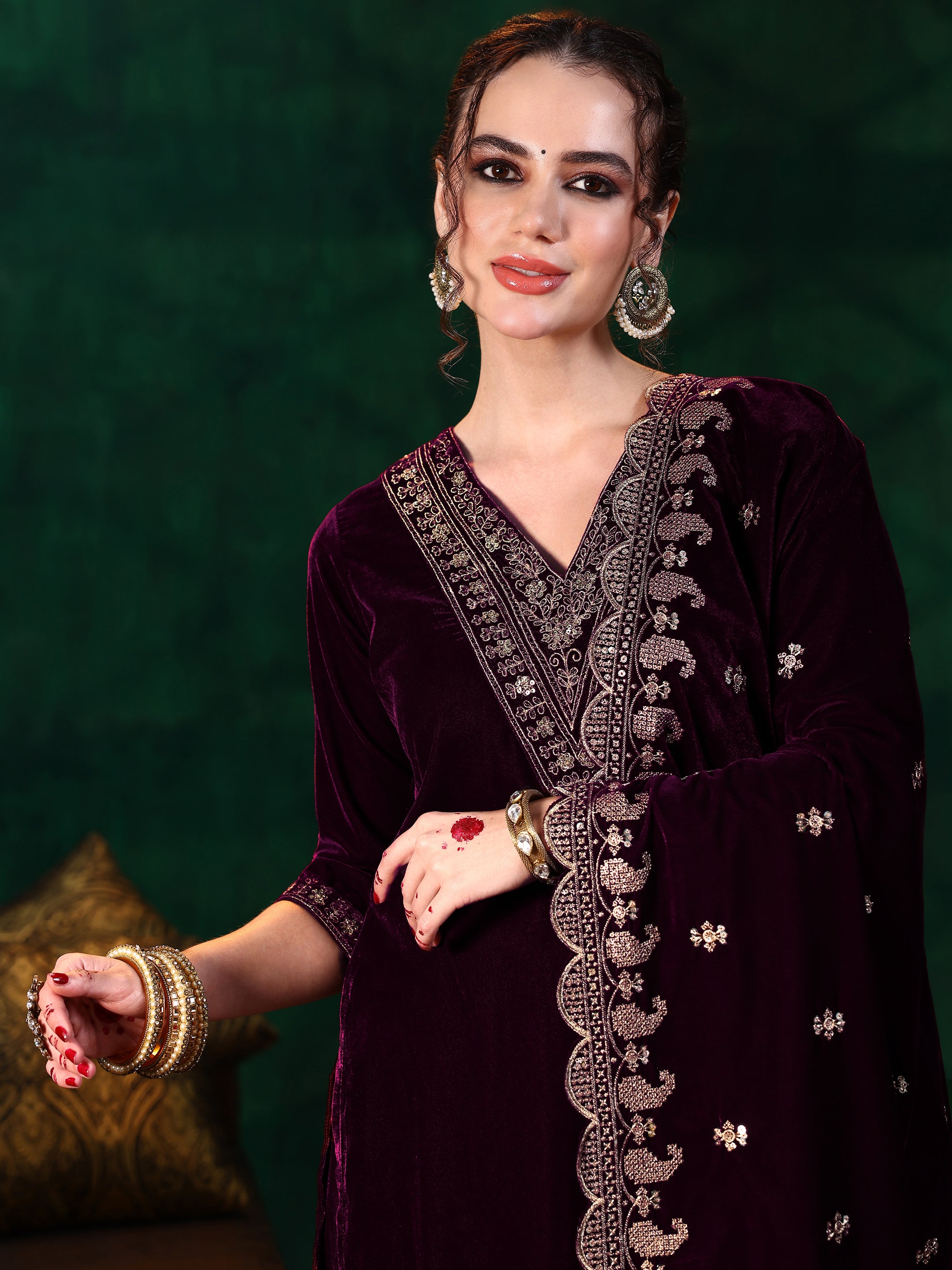 Burgundy Yoke Design Velvet Straight Suit With Dupatta