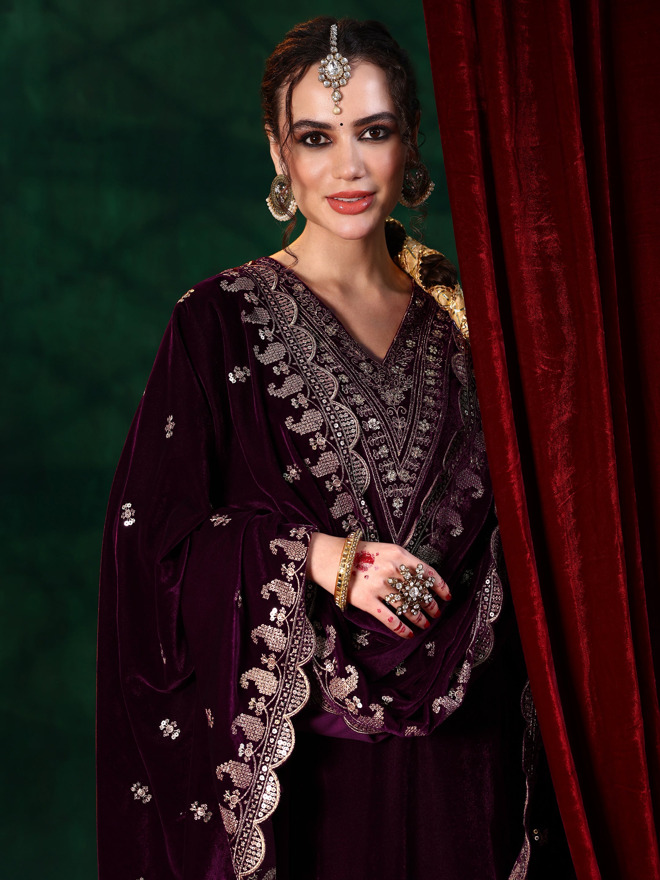 Burgundy Yoke Design Velvet Straight Suit With Dupatta