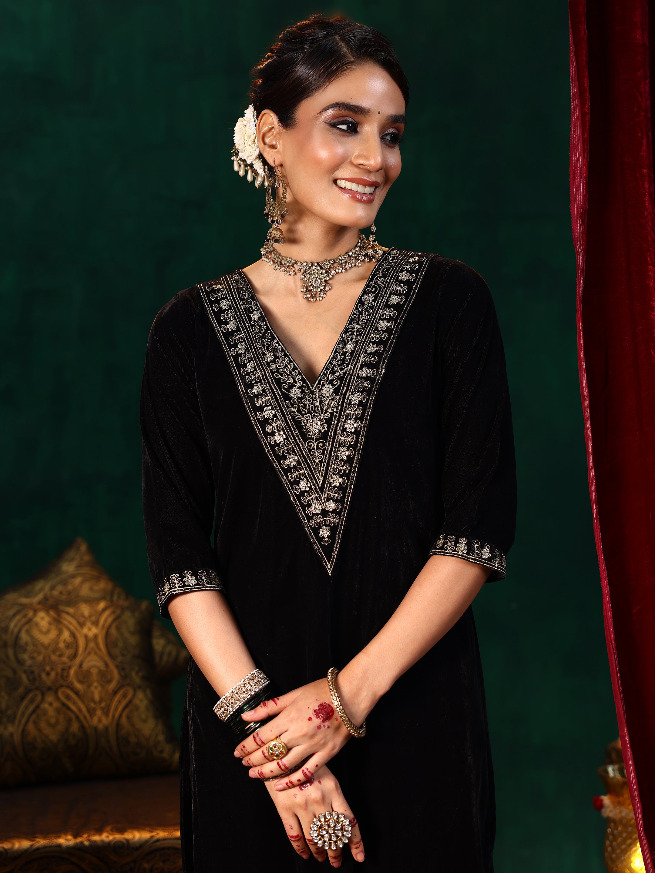 Black Yoke Design Velvet Straight Suit With Dupatta