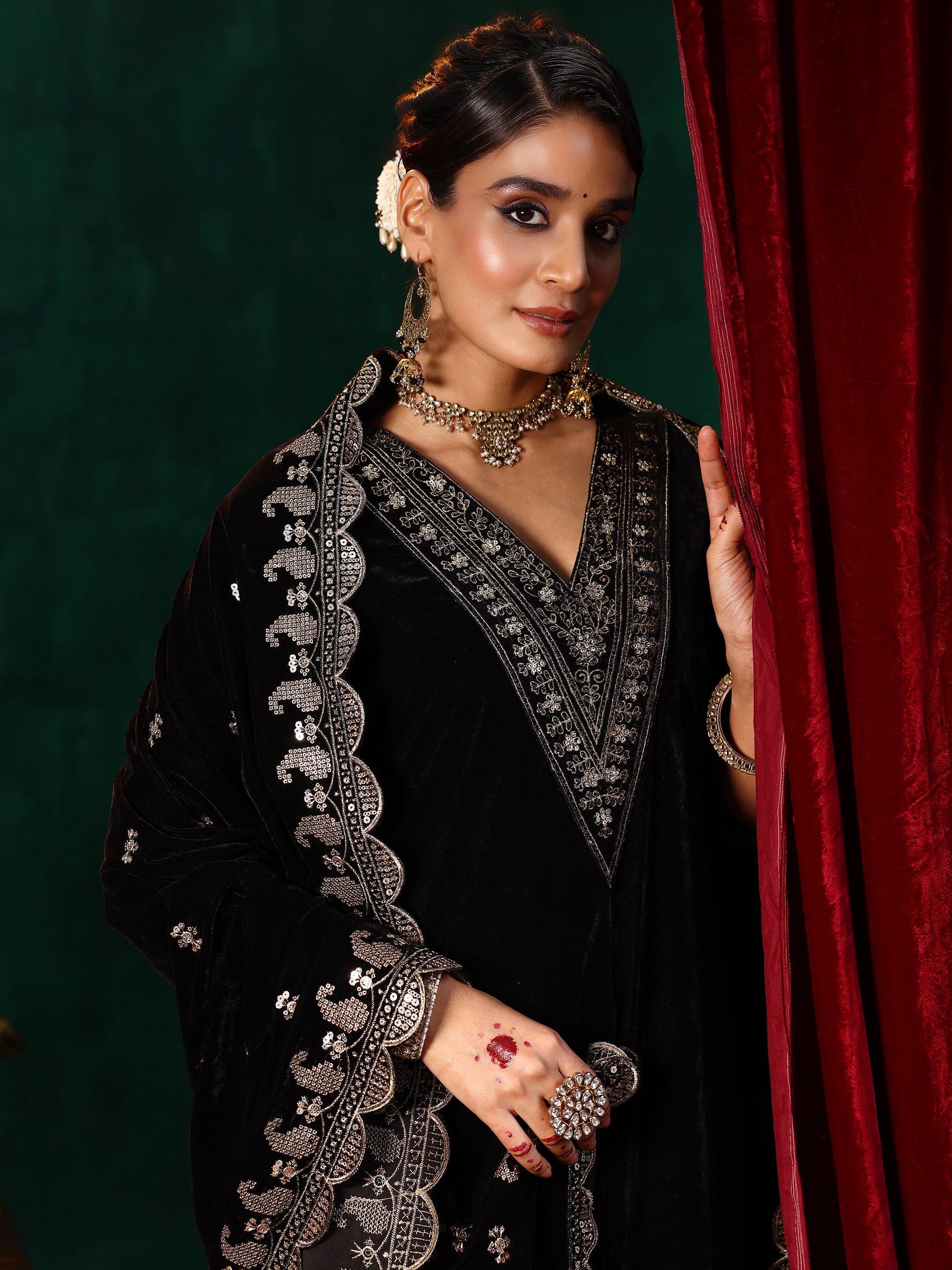 Black Yoke Design Velvet Straight Suit With Dupatta